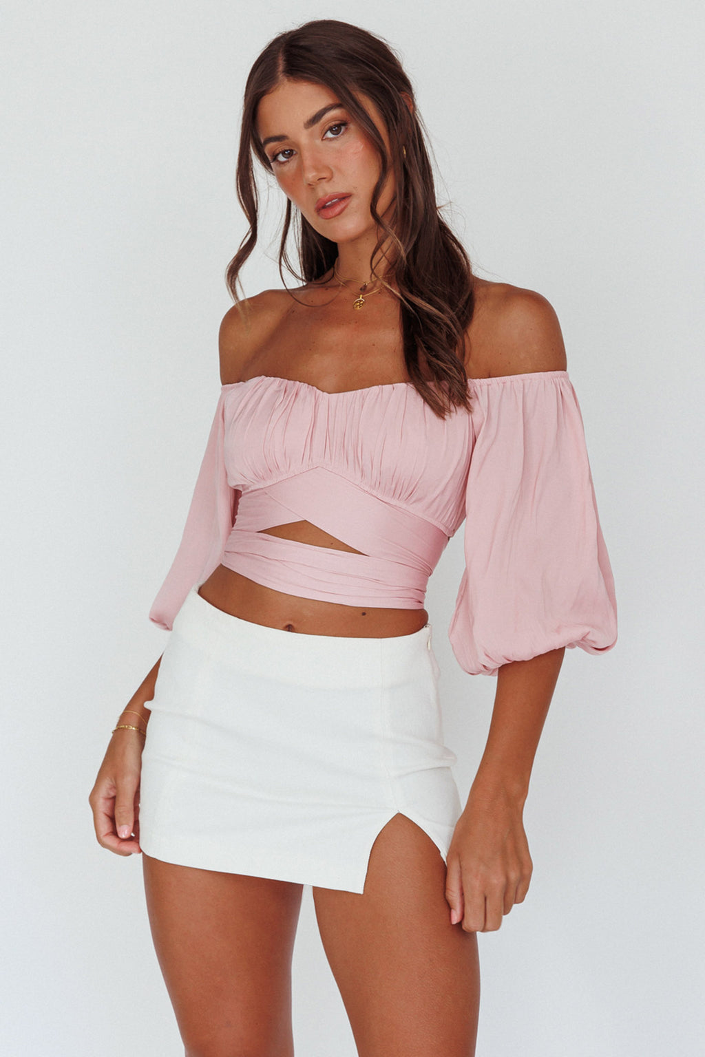 Linka Off-Shoulder Half Sleeve Tie-Back Crop Top Blush by Selfie Leslie