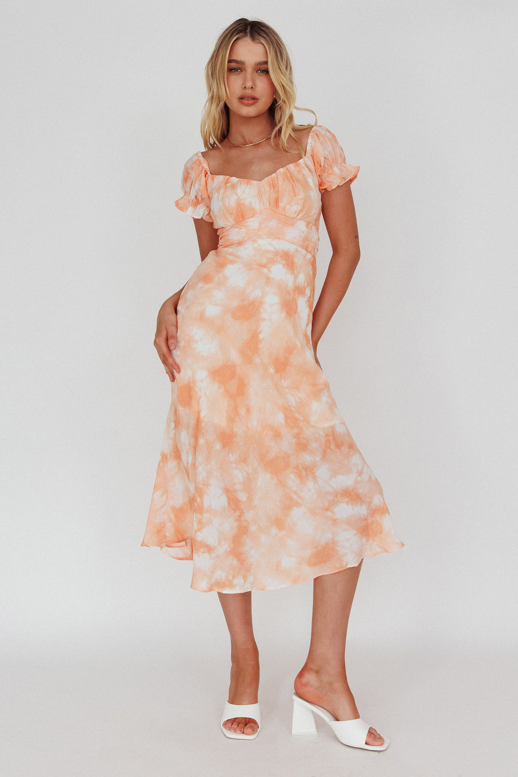 Linka Puff Sleeve Midi Dress Tie-Dye Orange by Selfie Leslie