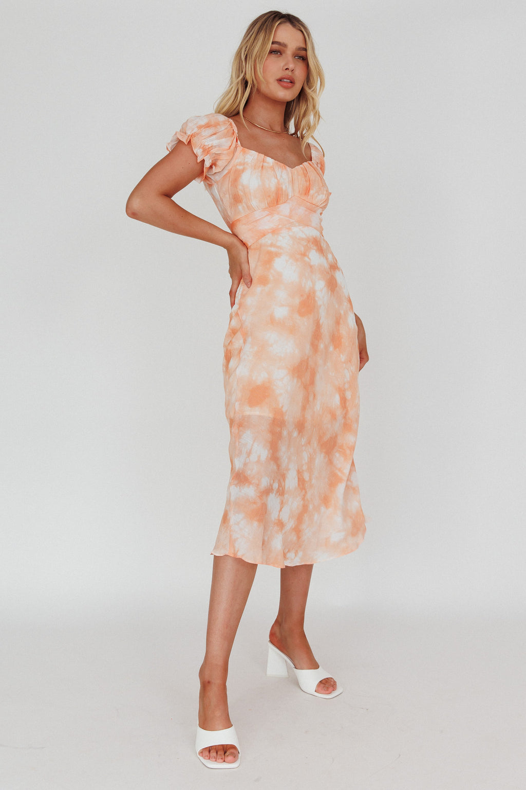 Linka Puff Sleeve Midi Dress Tie-Dye Orange by Selfie Leslie