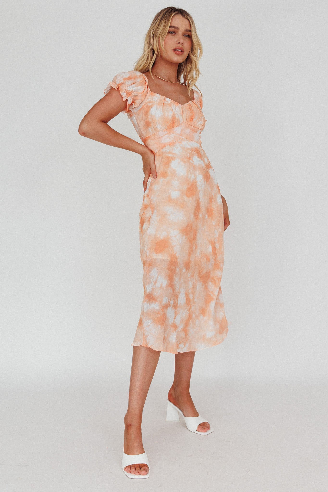 Linka Puff Sleeve Midi Dress Tie-Dye Orange by Selfie Leslie