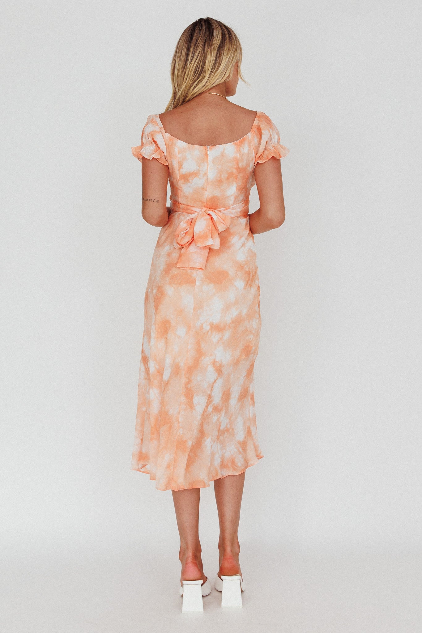 Linka Puff Sleeve Midi Dress Tie-Dye Orange by Selfie Leslie