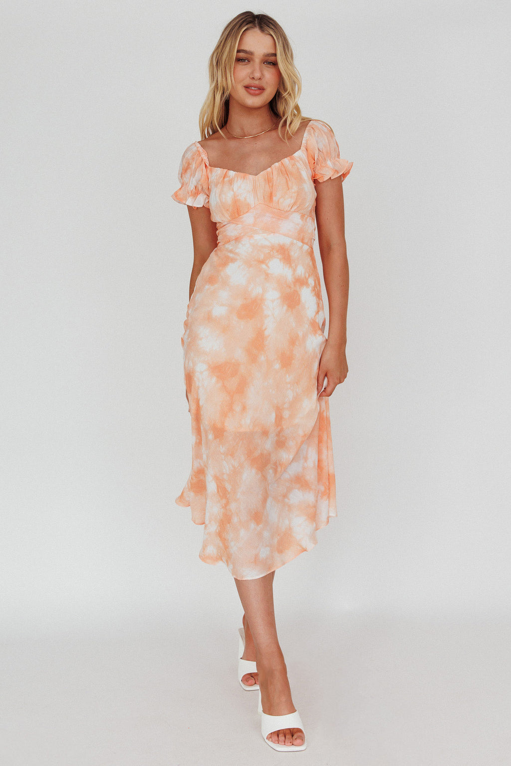 Linka Puff Sleeve Midi Dress Tie-Dye Orange by Selfie Leslie