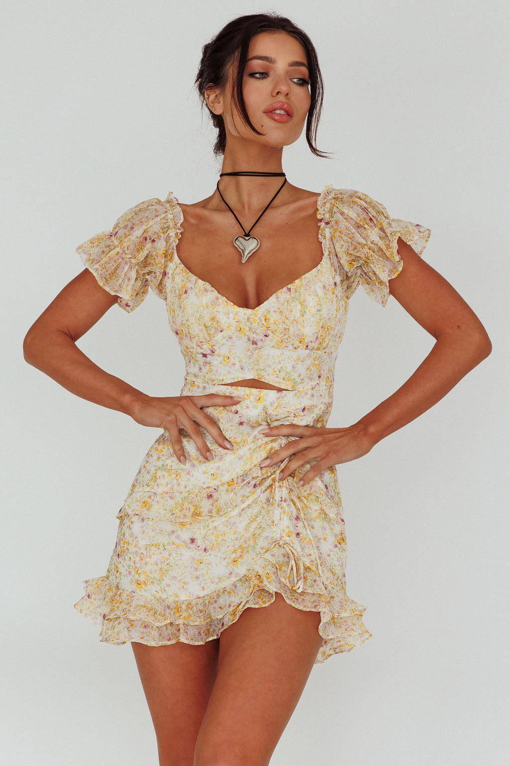 Linka Drawstring Detail Frill Dress Floral Beige by Selfie Leslie