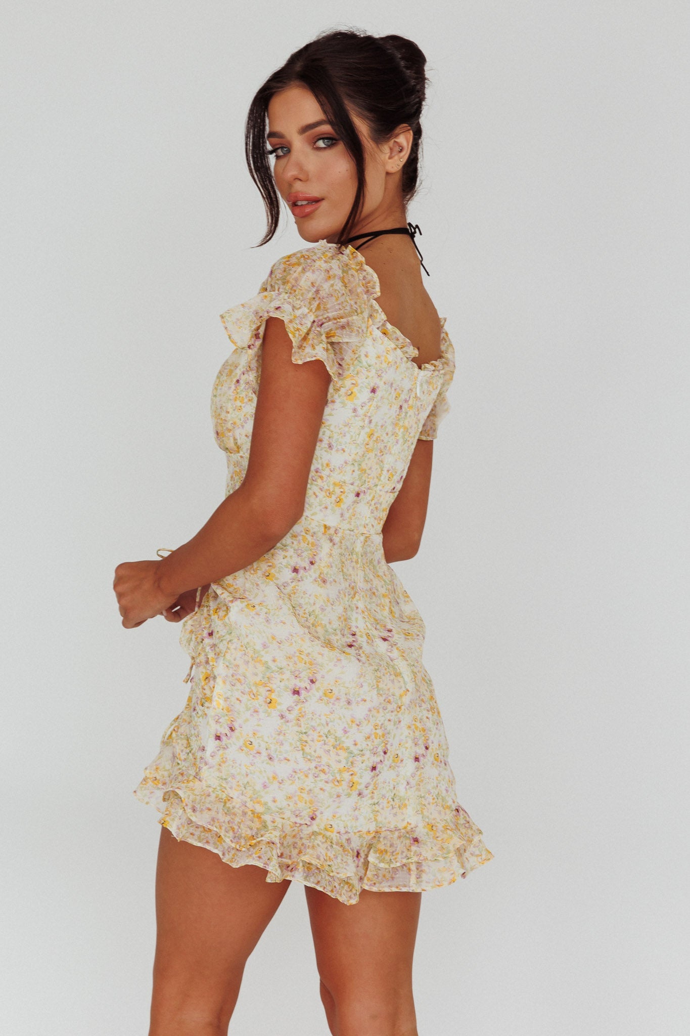 Linka Drawstring Detail Frill Dress Floral Beige by Selfie Leslie