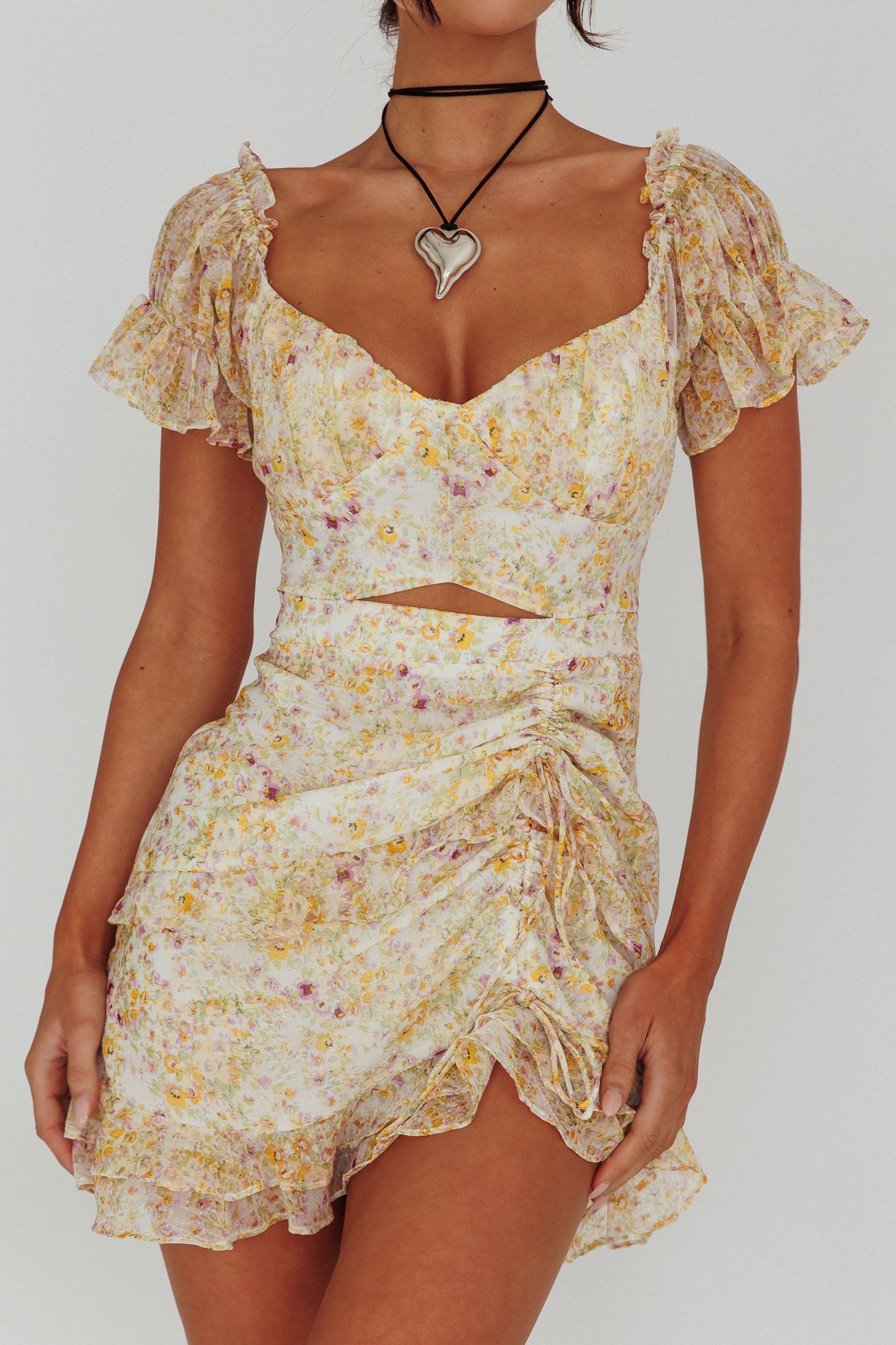 Linka Drawstring Detail Frill Dress Floral Beige by Selfie Leslie