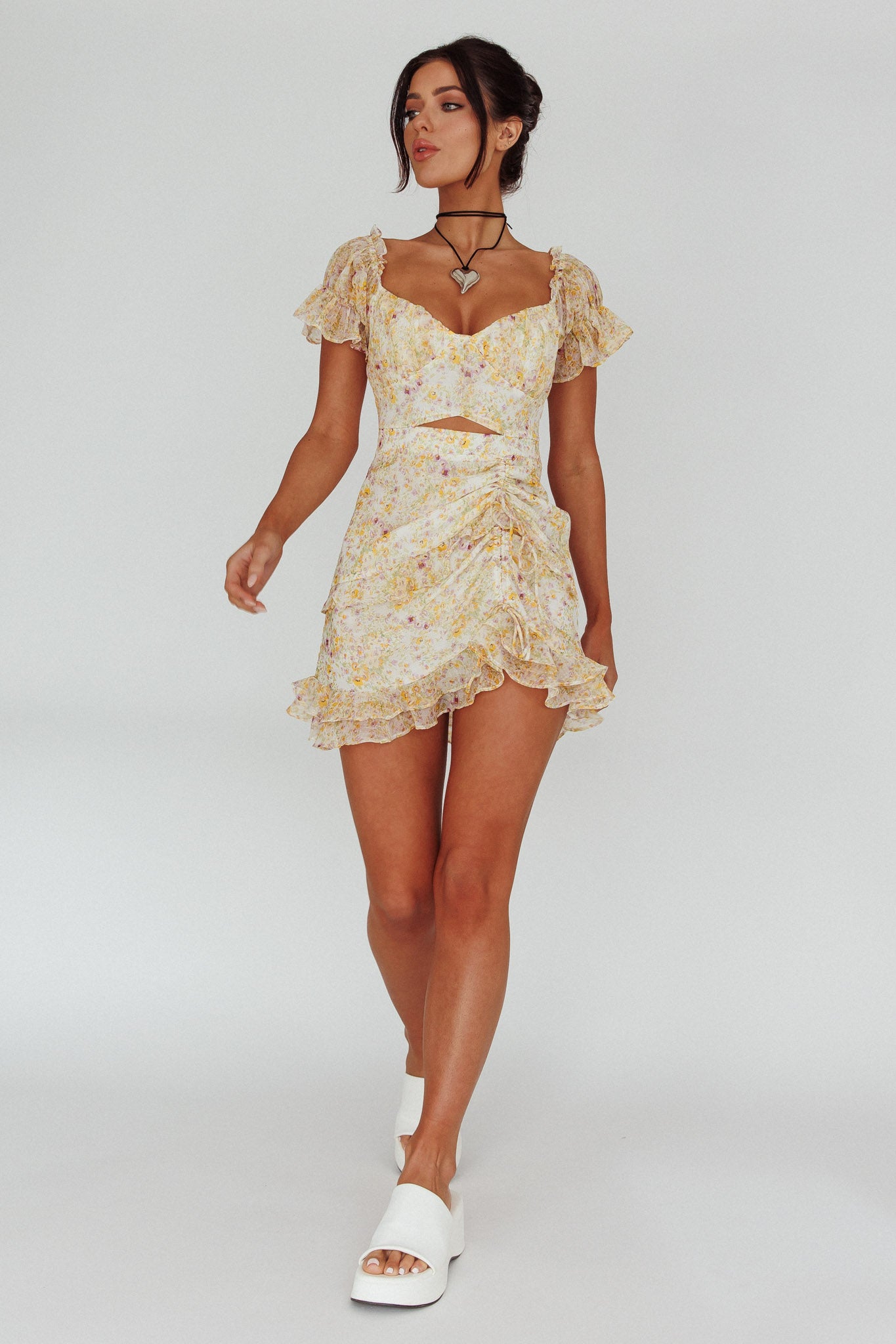 Linka Drawstring Detail Frill Dress Floral Beige by Selfie Leslie