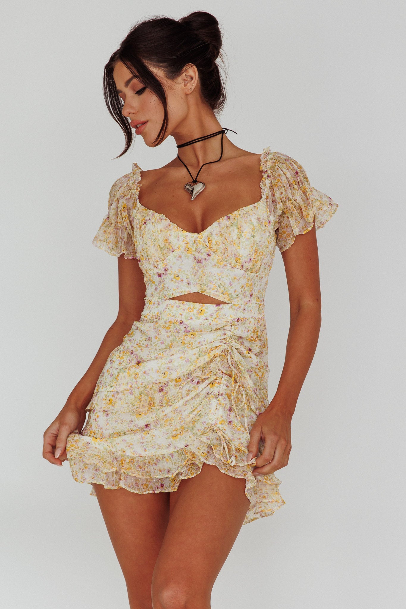 Linka Drawstring Detail Frill Dress Floral Beige by Selfie Leslie