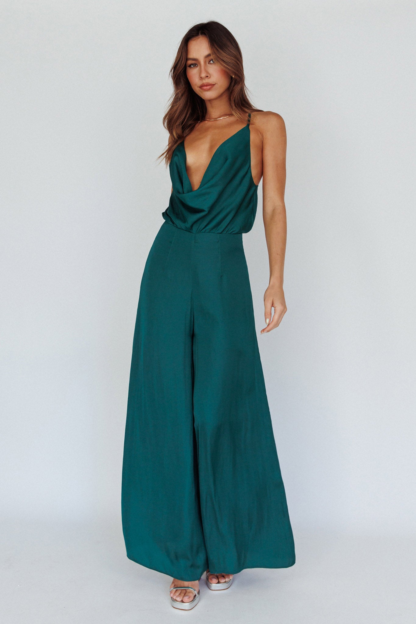 Jaclyn Wide-Leg Cowl Neck Jumpsuit Forest Green by Selfie Leslie