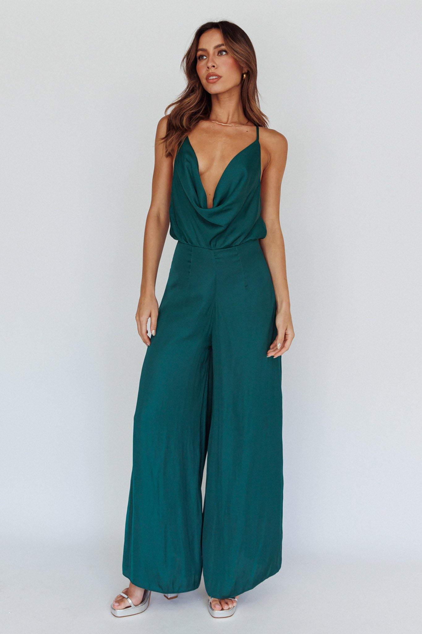 Jaclyn Wide-Leg Cowl Neck Jumpsuit Forest Green by Selfie Leslie