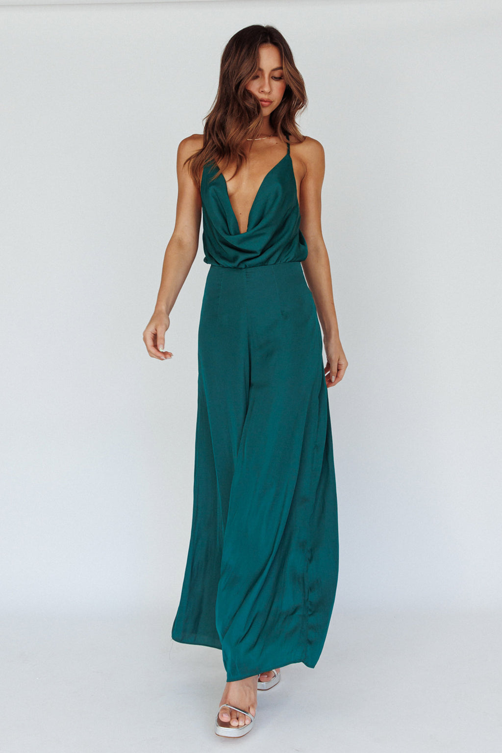 Jaclyn Wide-Leg Cowl Neck Jumpsuit Forest Green by Selfie Leslie