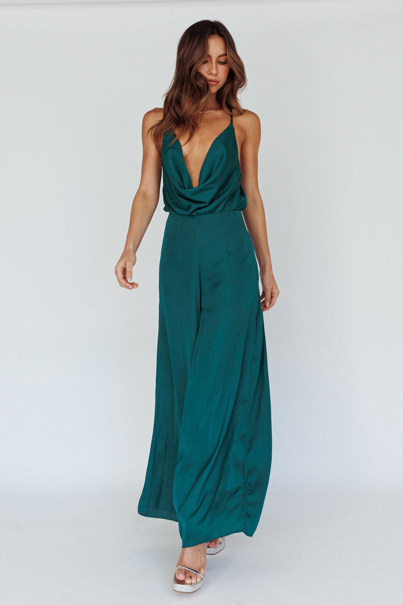 Jaclyn Wide-Leg Cowl Neck Jumpsuit Forest Green by Selfie Leslie