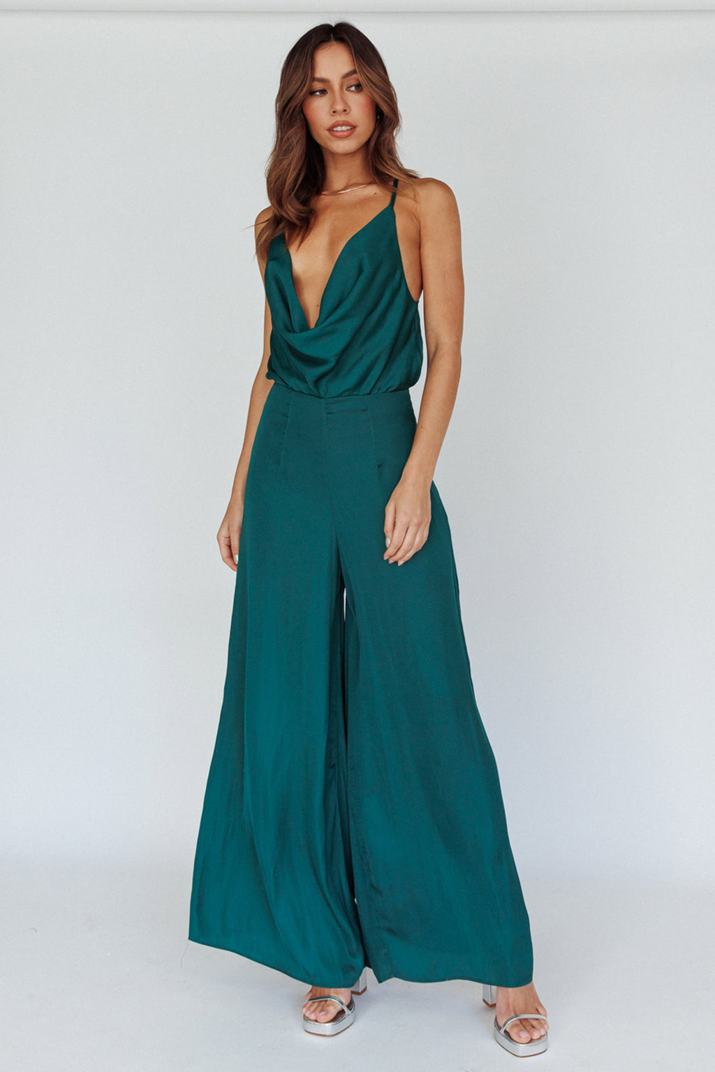 Jaclyn Wide-Leg Cowl Neck Jumpsuit Forest Green by Selfie Leslie