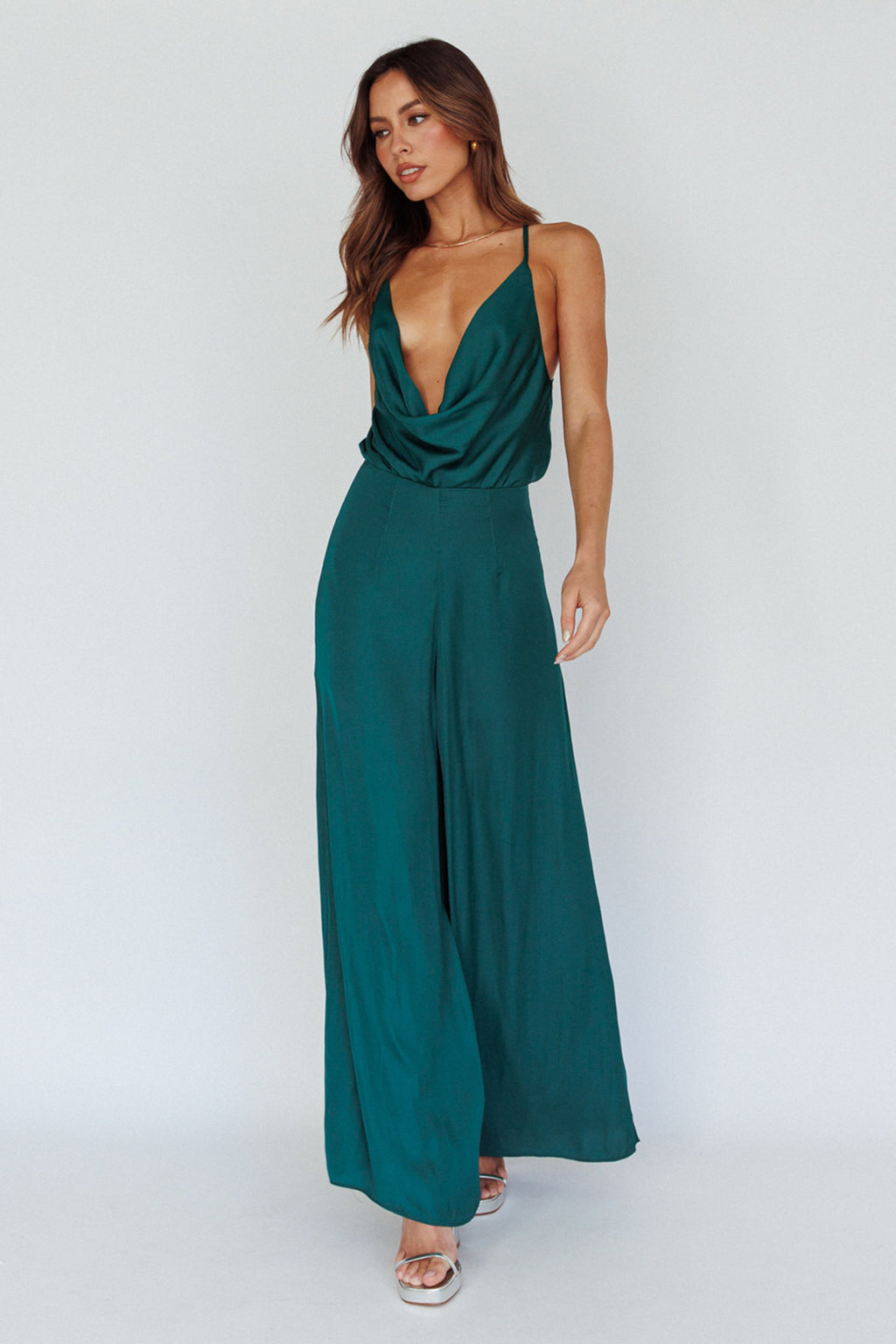 Jaclyn Wide-Leg Cowl Neck Jumpsuit Forest Green by Selfie Leslie