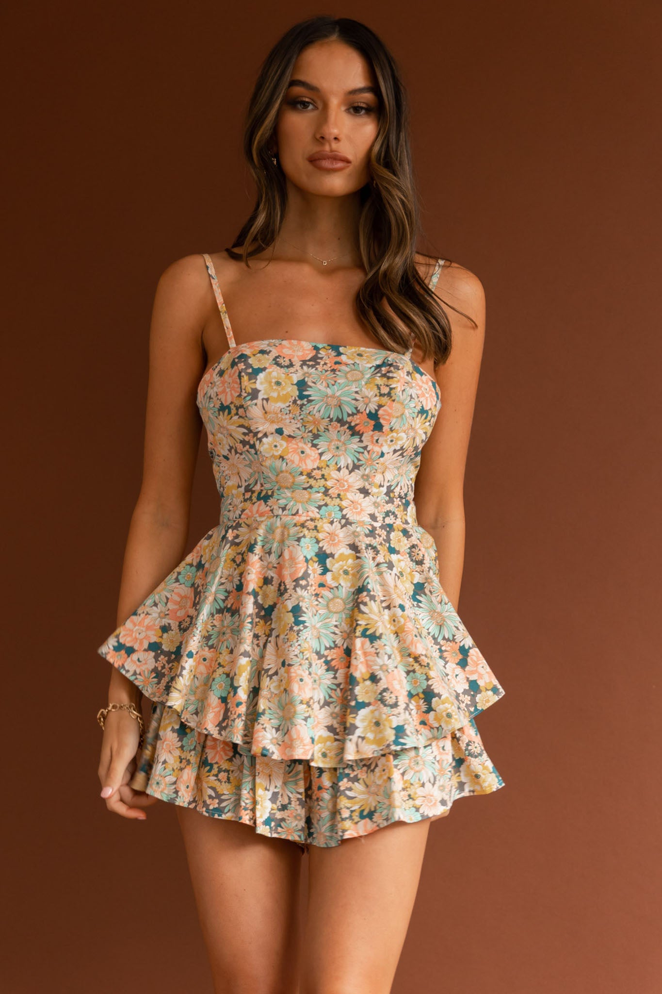 Alexandria Square Neckline Tie Back Romper Vintage Floral Yellow by Selfie Leslie