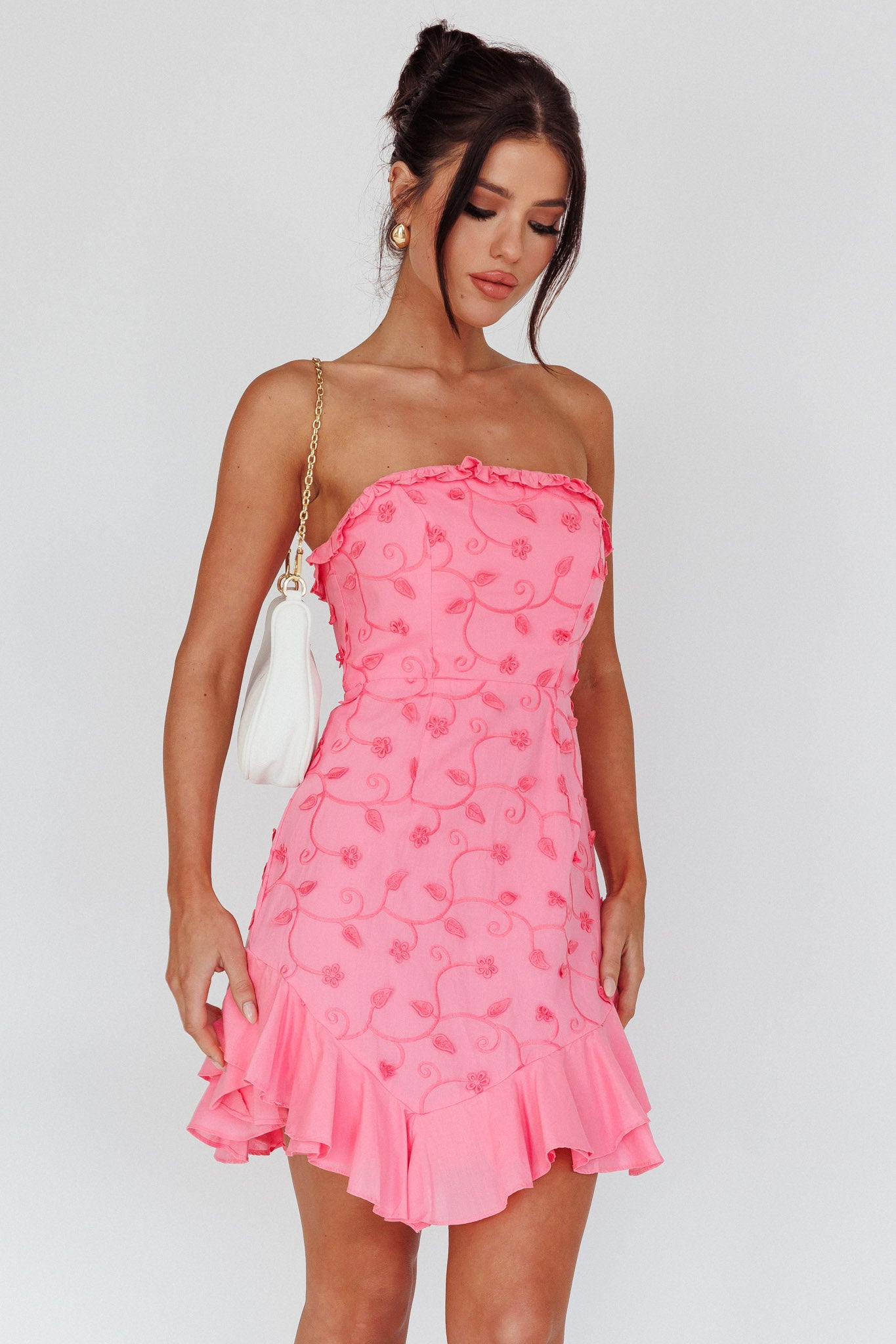 pink bandeau embroidered lace bodycon dress Samara | Purple Maxi With Cut-Out Crochet Hem Do Not Iron SEQUINS , A close-up