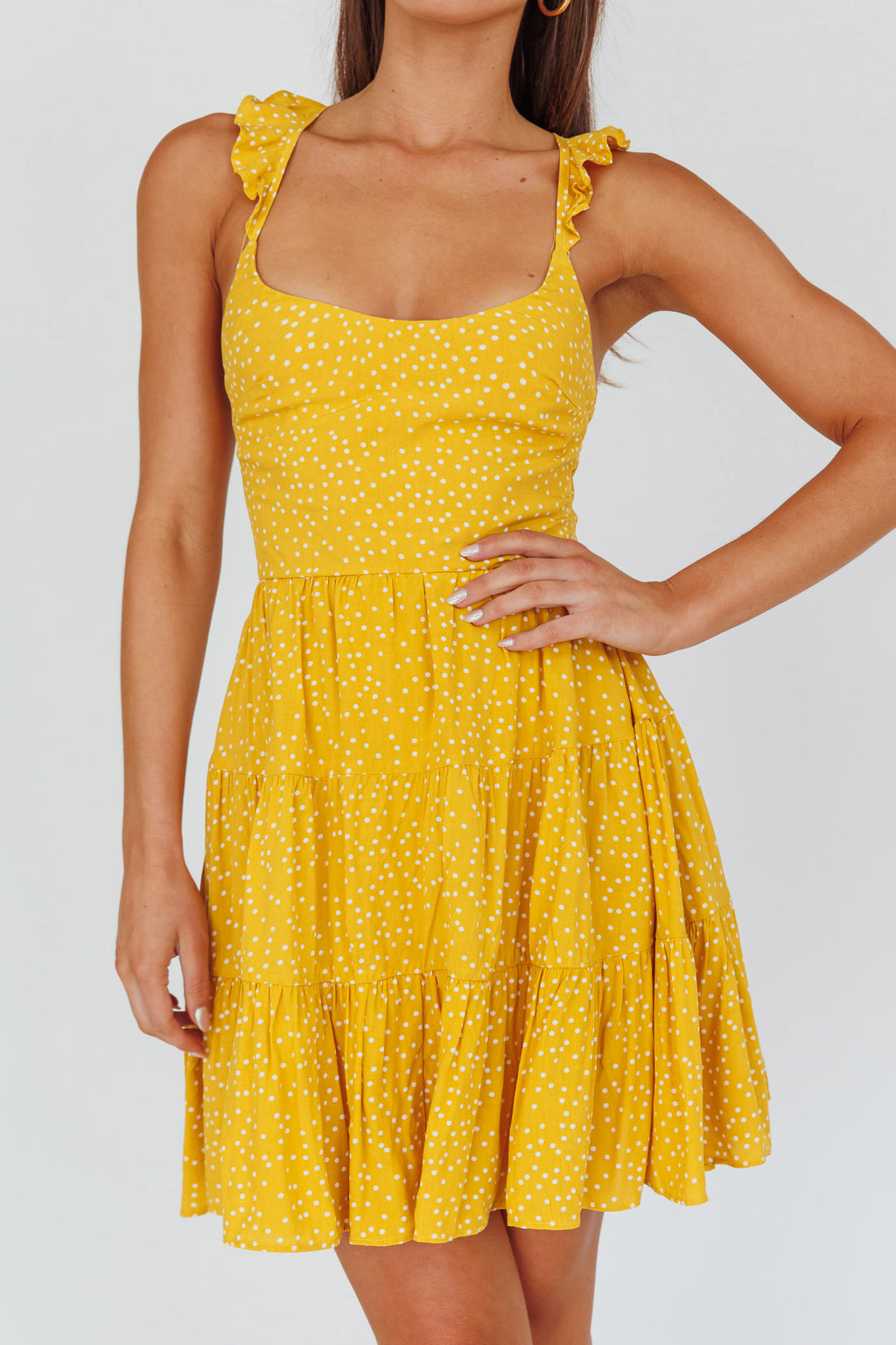 Allegra Fluted Hem Lace-Up Back Dress Yellow by Selfie Leslie