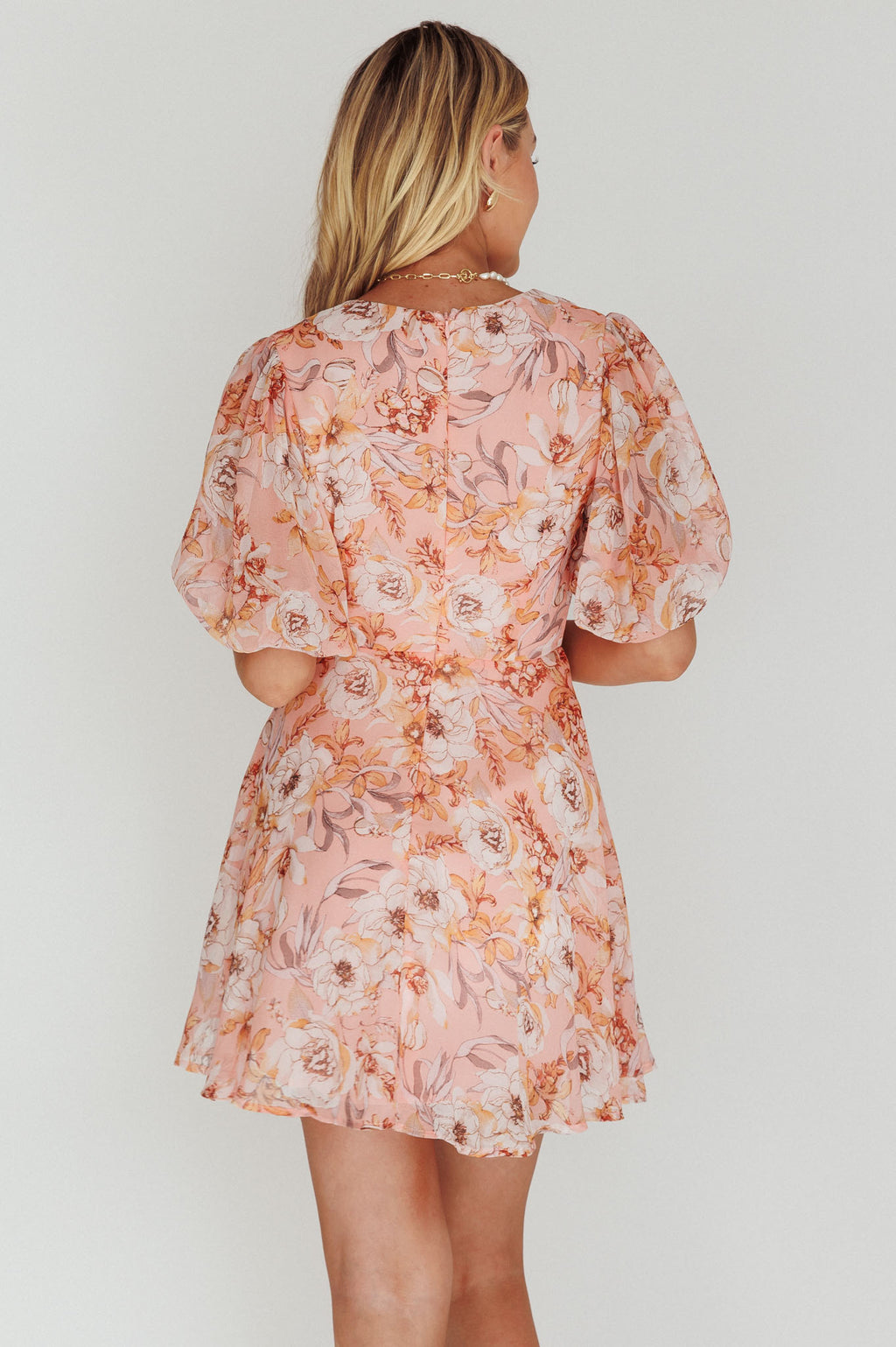 Madison Bow Tie Bust Puff Sleeve Dress Flowers Orange by Selfie Leslie