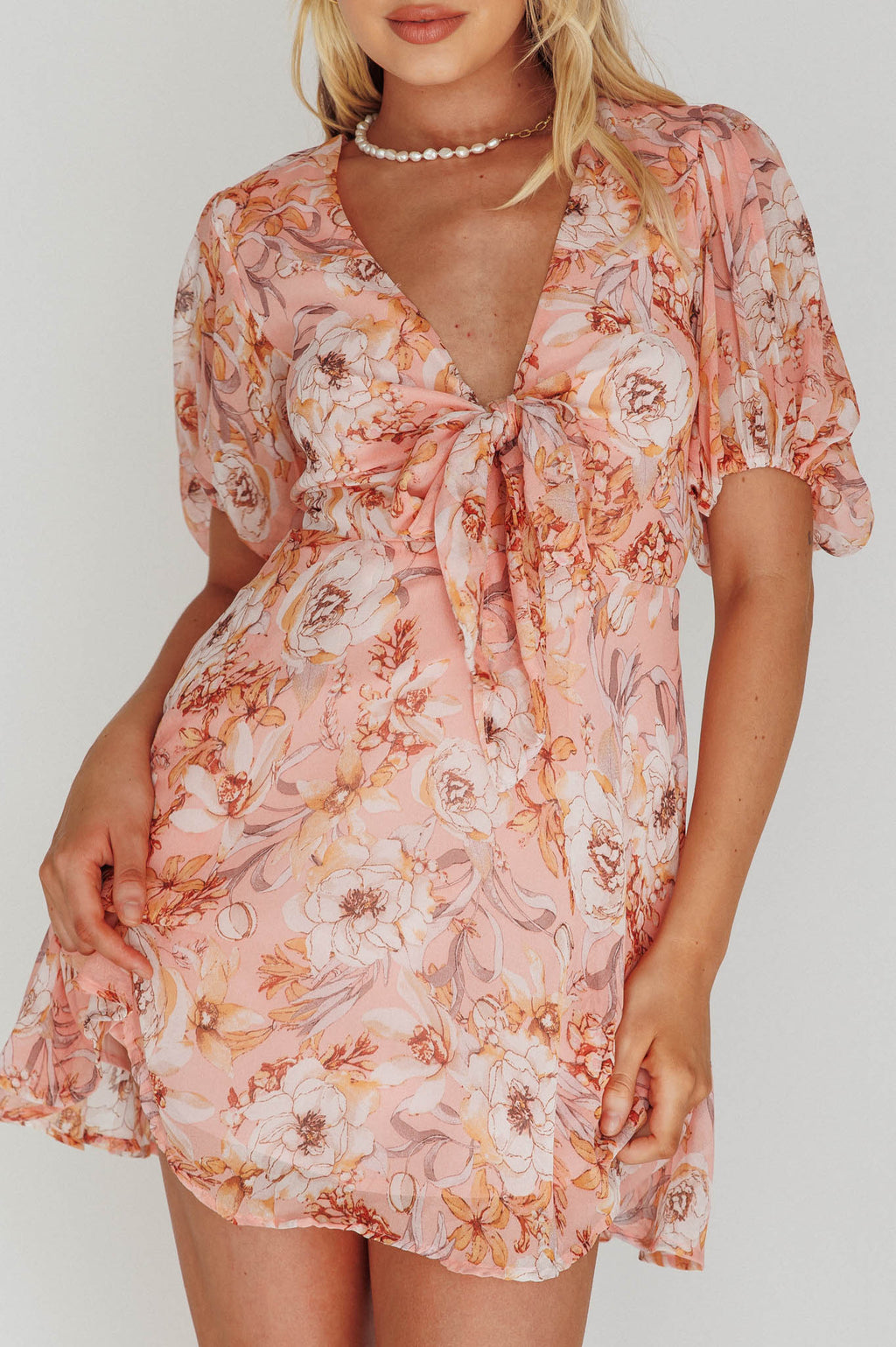 Madison Bow Tie Bust Puff Sleeve Dress Flowers Orange by Selfie Leslie
