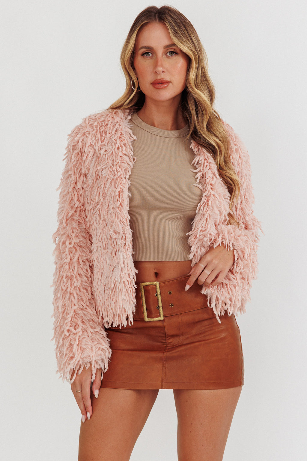 Montana Long Pile Faux Fur Jacket Blush by Selfie Leslie