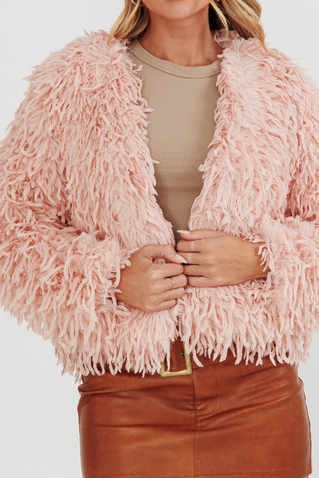Montana Long Pile Faux Fur Jacket Blush by Selfie Leslie