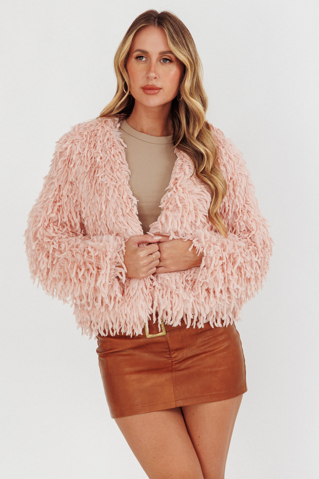 Montana Long Pile Faux Fur Jacket Blush by Selfie Leslie