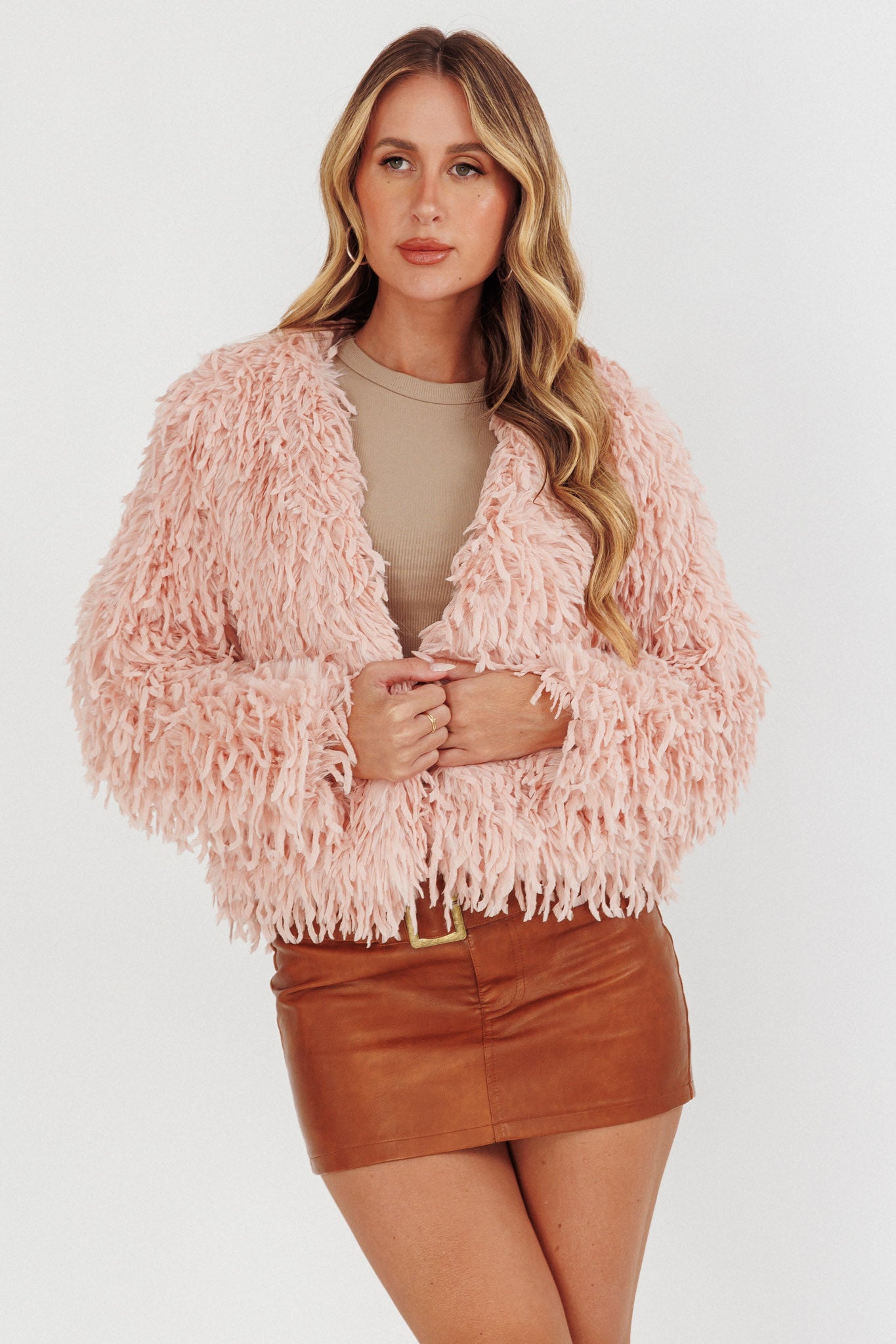 Montana Long Pile Faux Fur Jacket Blush by Selfie Leslie