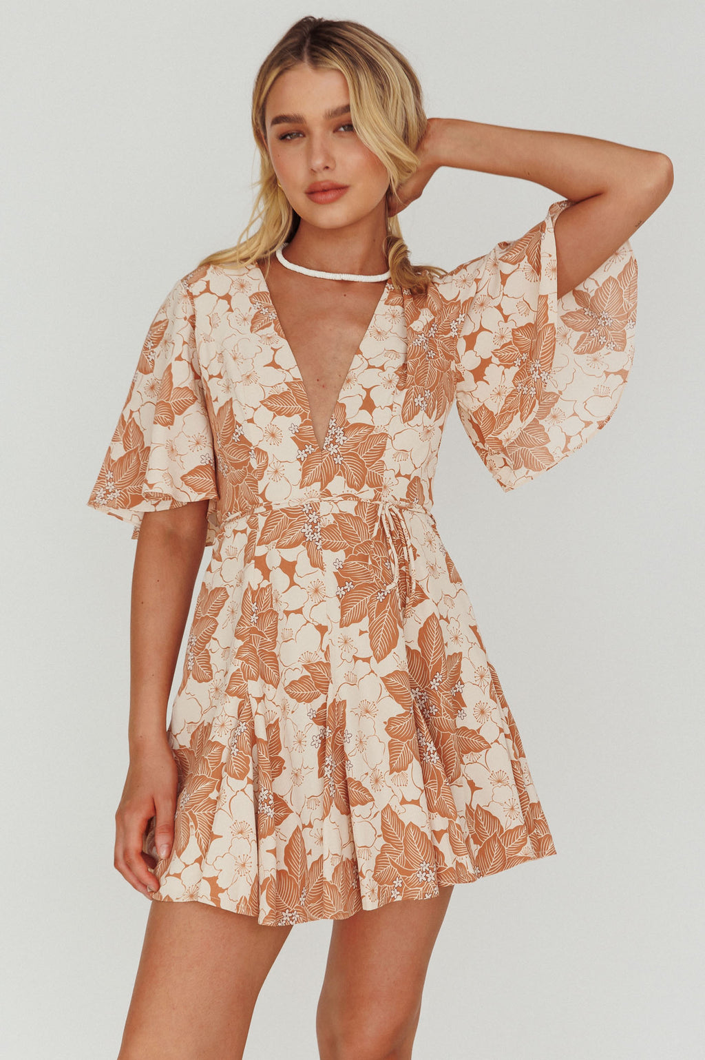 Estelle Angel Sleeve Dress Floral Brown by Selfie Leslie