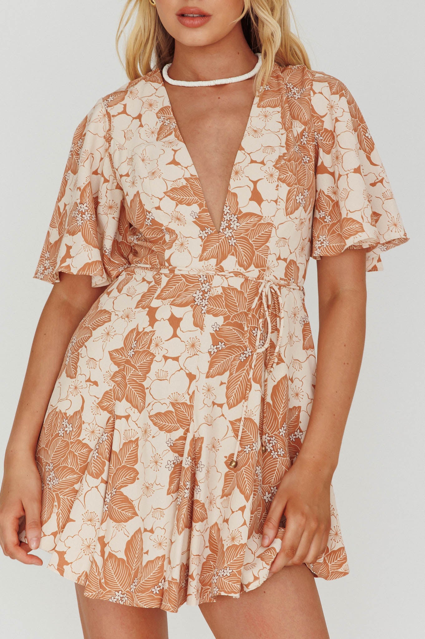 Estelle Angel Sleeve Dress Floral Brown by Selfie Leslie