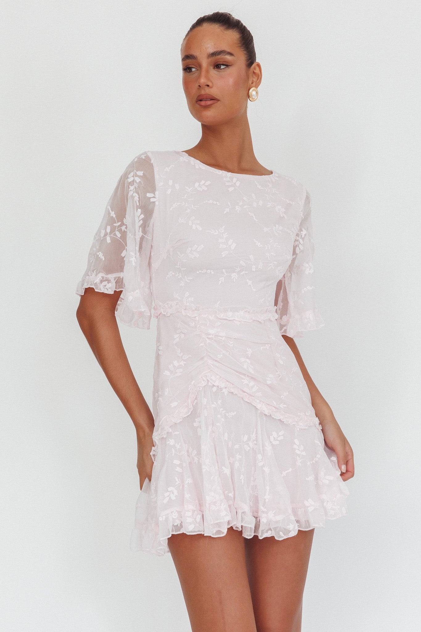 Leona Half Sleeve Frill Trim Dress Embroidered Blush by Selfie Leslie
