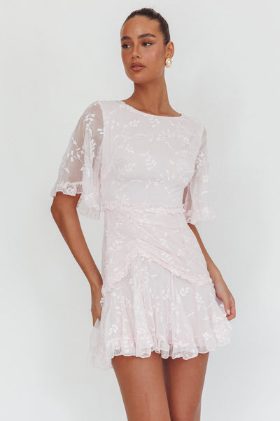 leona half sleeve frill trim dress leaf embroidered white Leona Half Sleeve Frill Trim Dress Leaf Embroidered White
