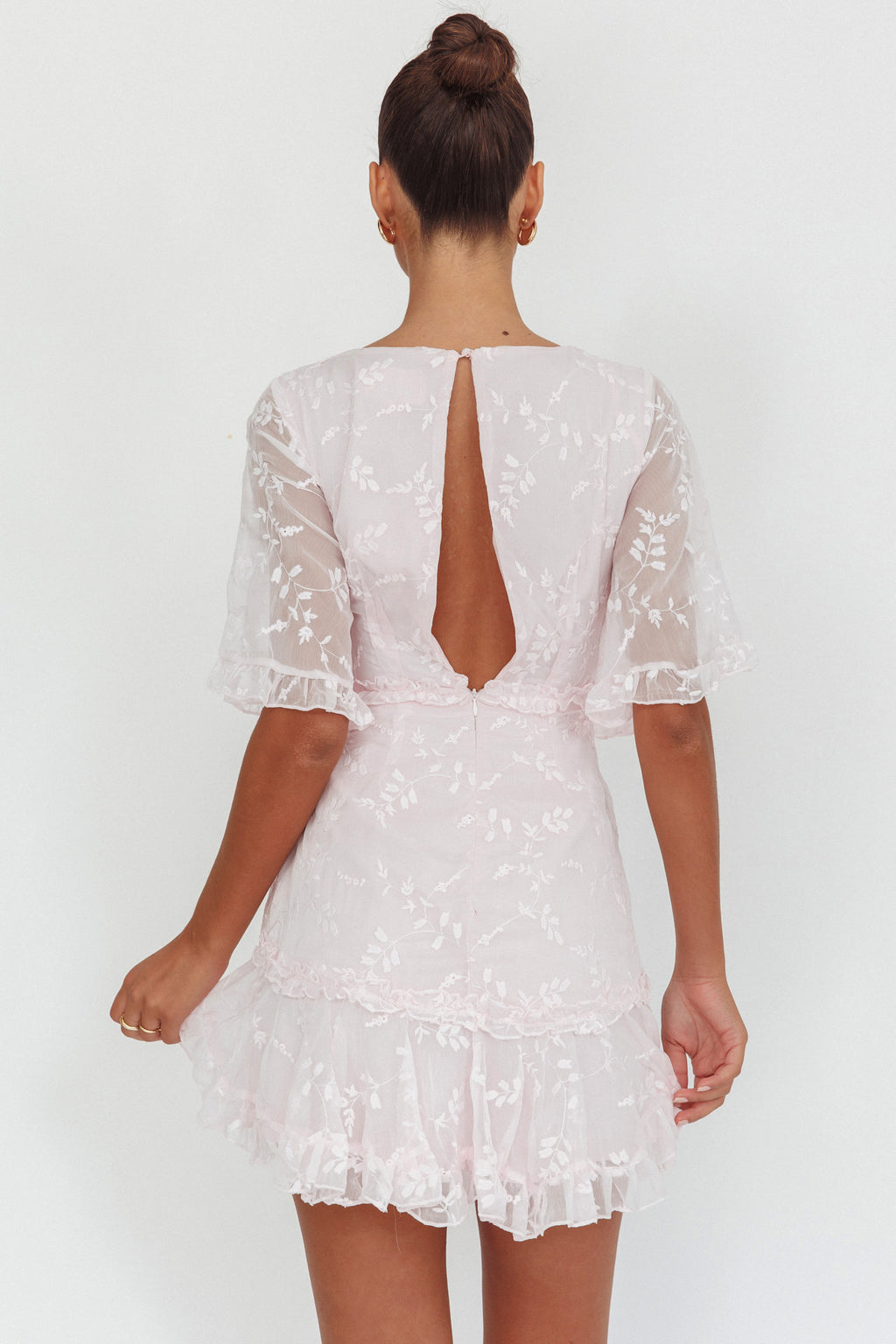 Leona Half Sleeve Frill Trim Dress Embroidered Blush by Selfie Leslie