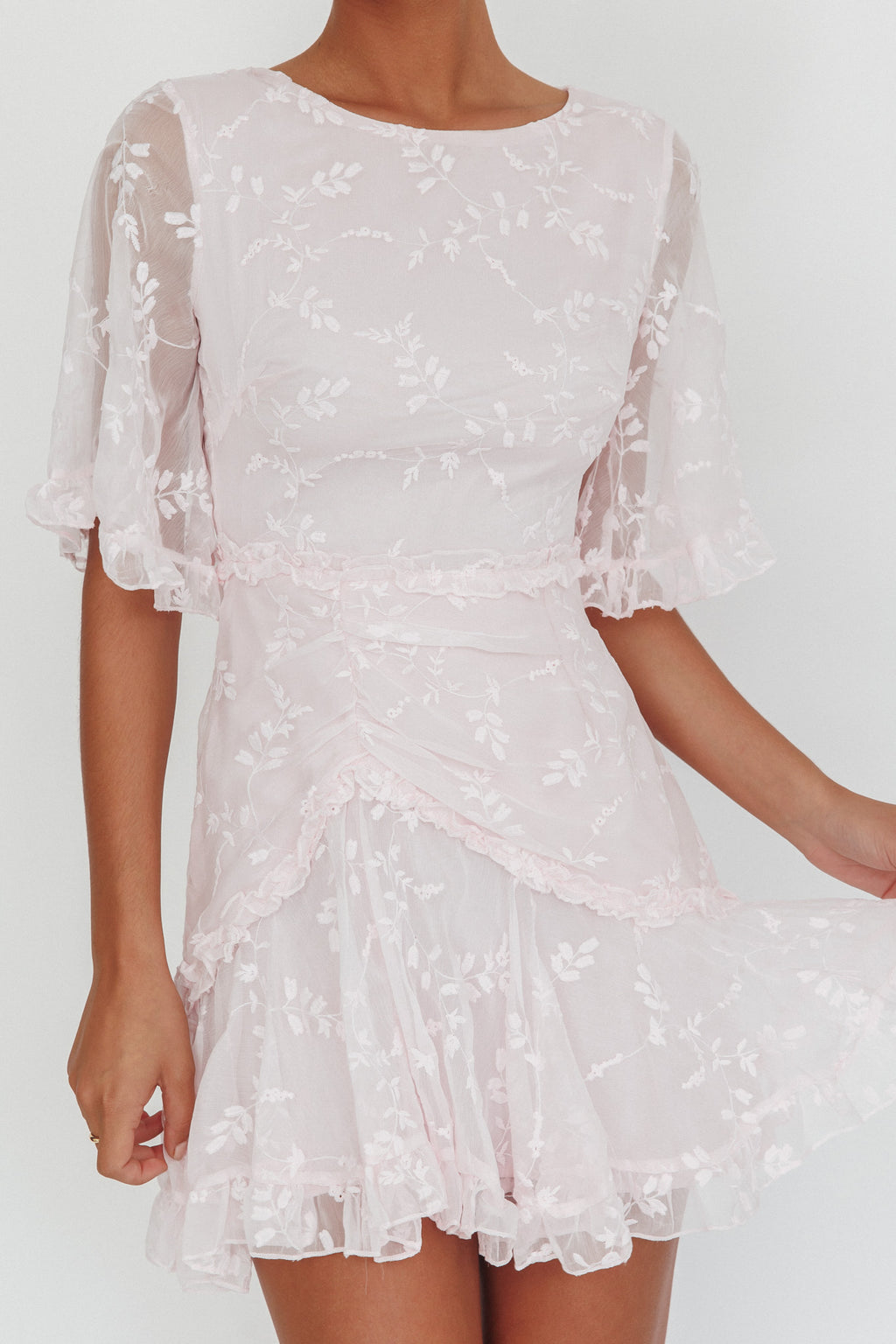 Leona Half Sleeve Frill Trim Dress Embroidered Blush by Selfie Leslie