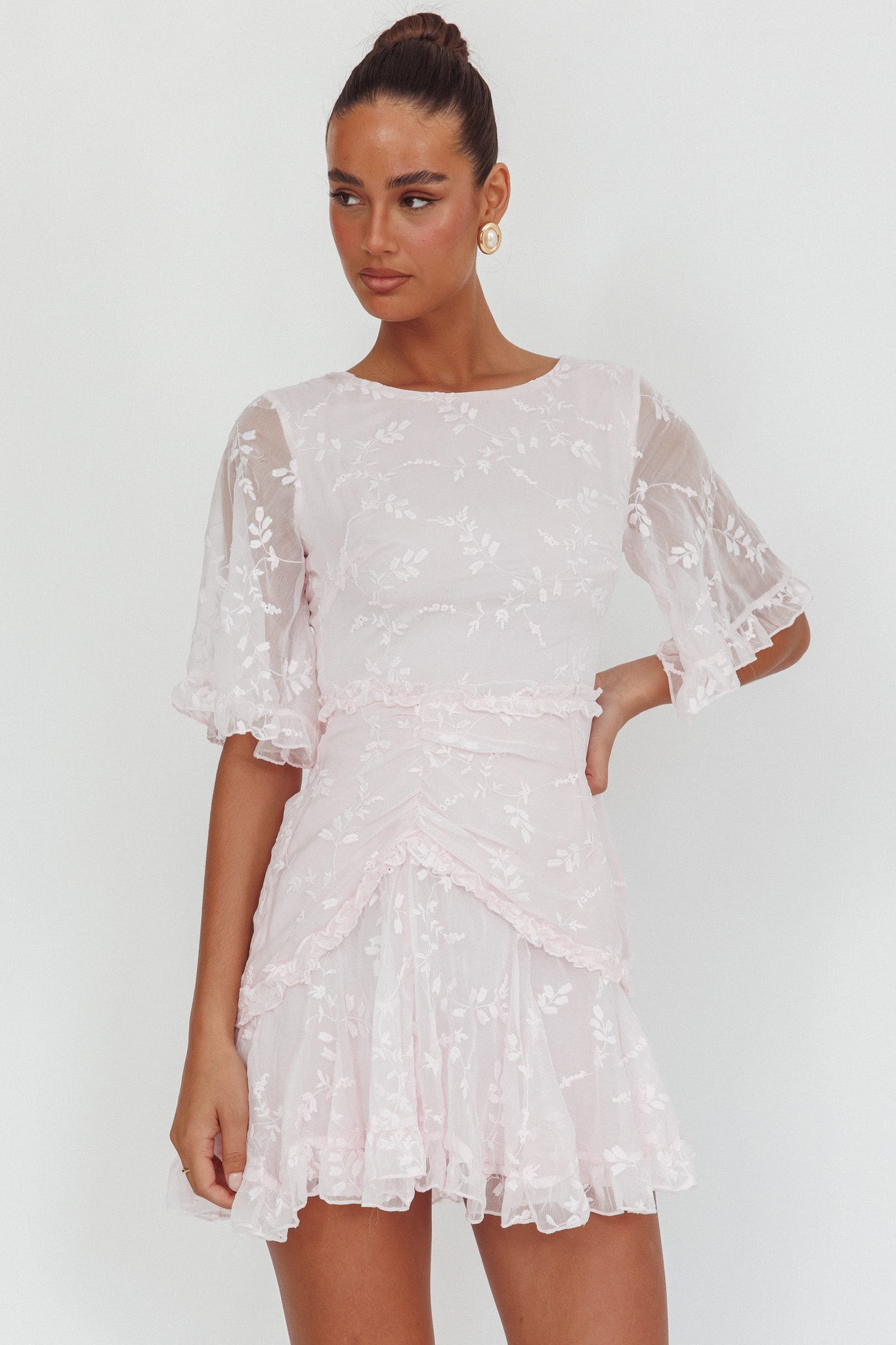 Leona Half Sleeve Frill Trim Dress Embroidered Blush by Selfie Leslie