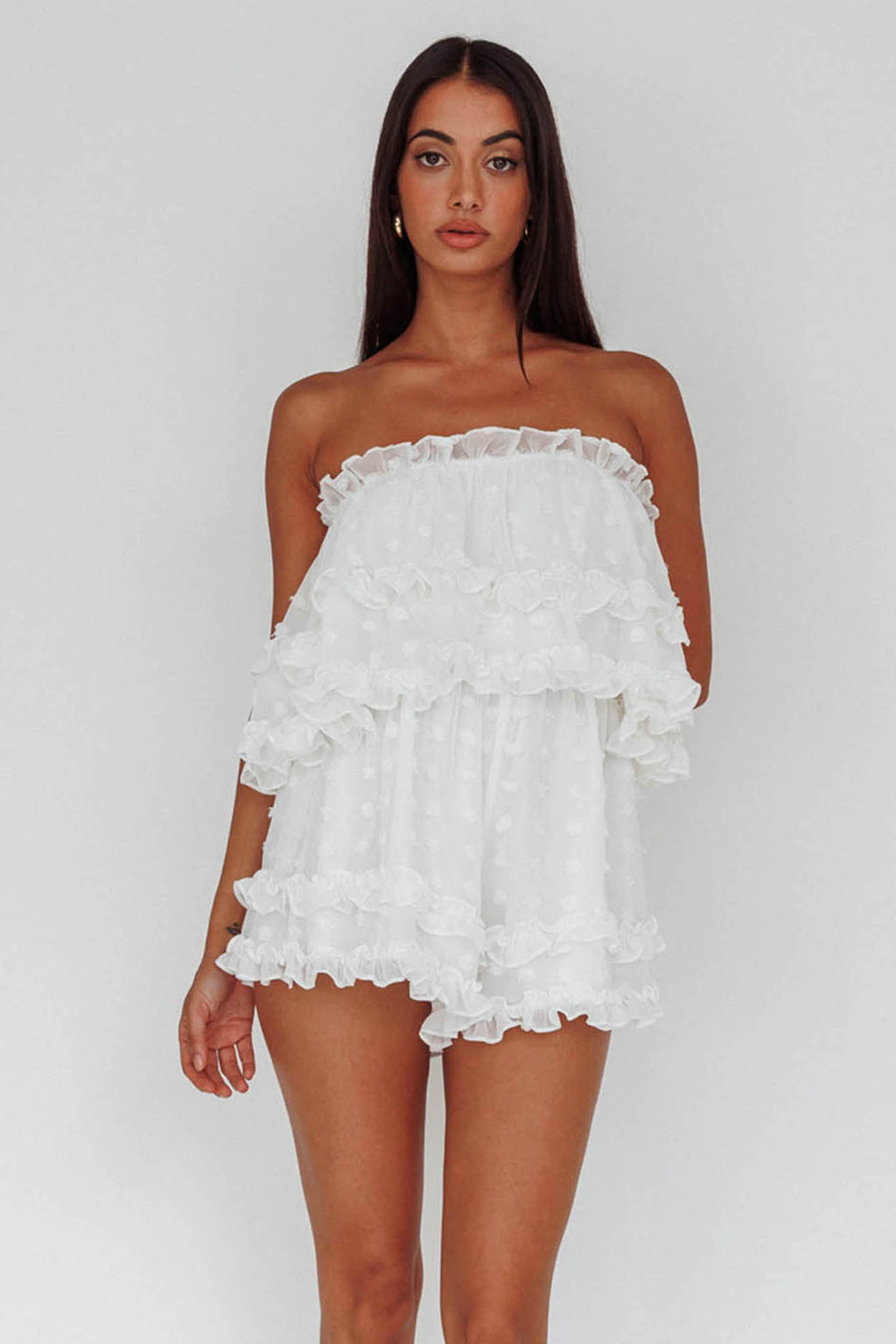 Memories Tiered Bust Frill Trim Romper White by Selfie Leslie