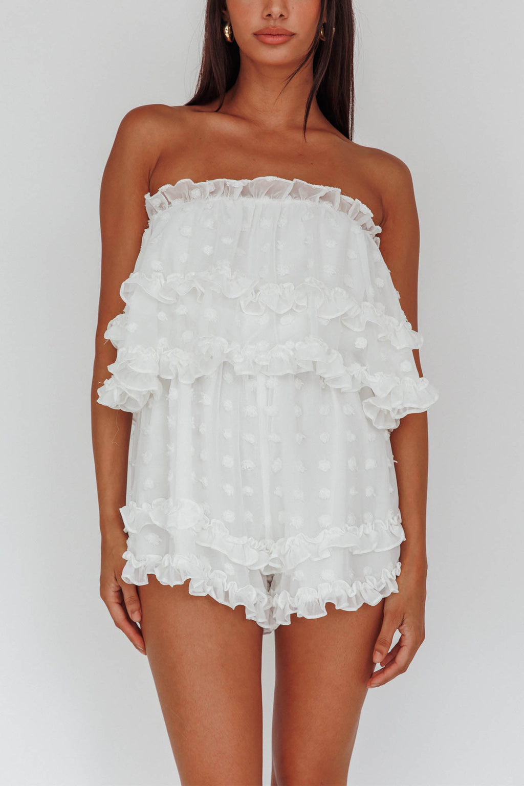 Memories Tiered Bust Frill Trim Romper White by Selfie Leslie