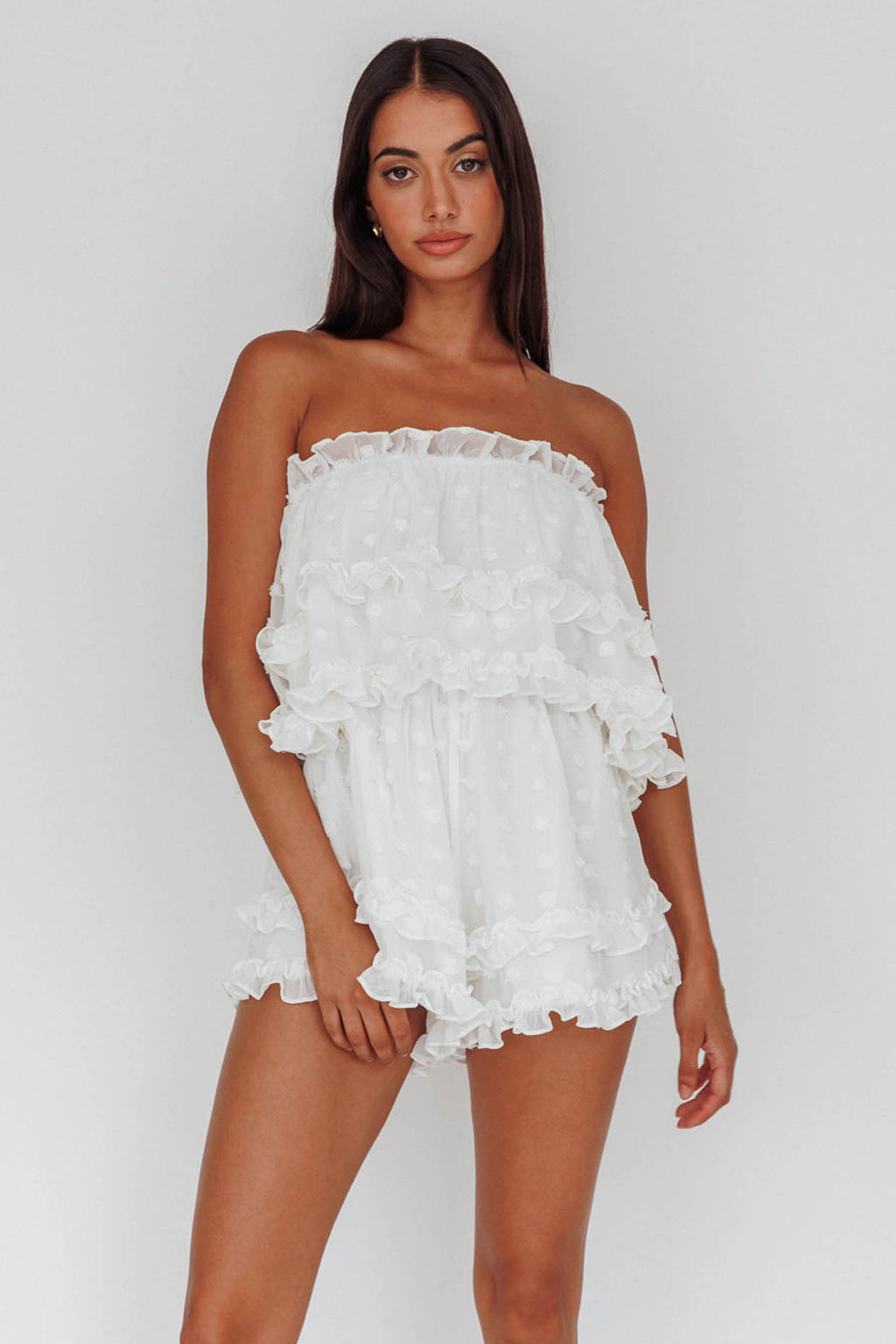 Memories Tiered Bust Frill Trim Romper White by Selfie Leslie