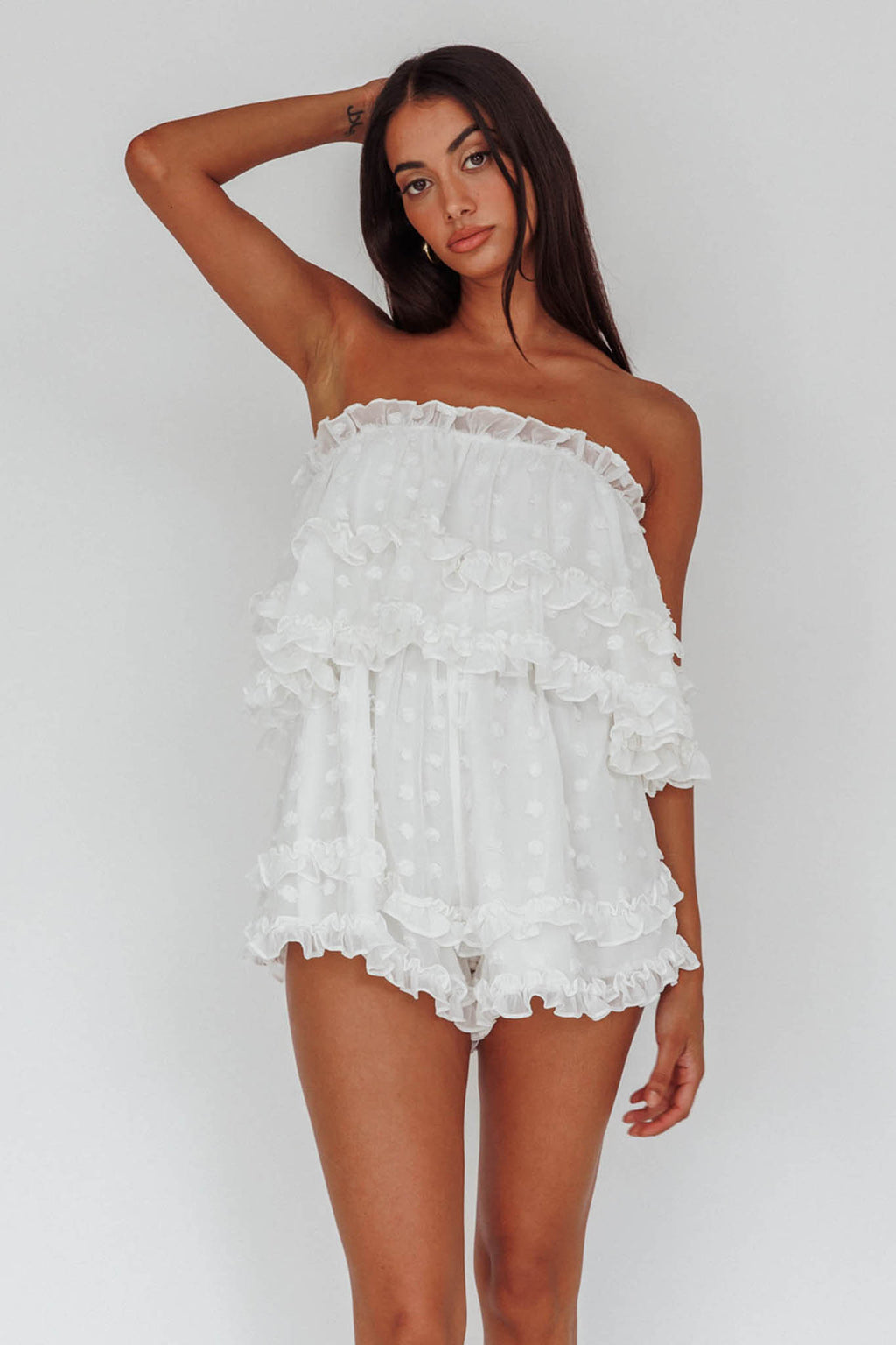 Memories Tiered Bust Frill Trim Romper White by Selfie Leslie
