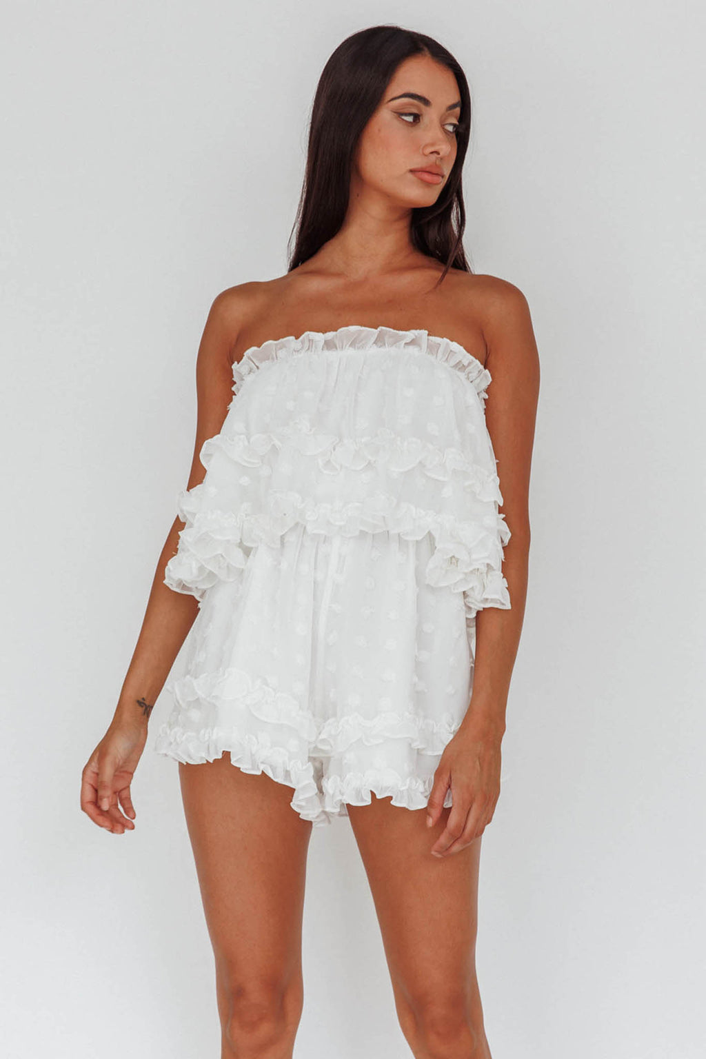 Memories Tiered Bust Frill Trim Romper White by Selfie Leslie