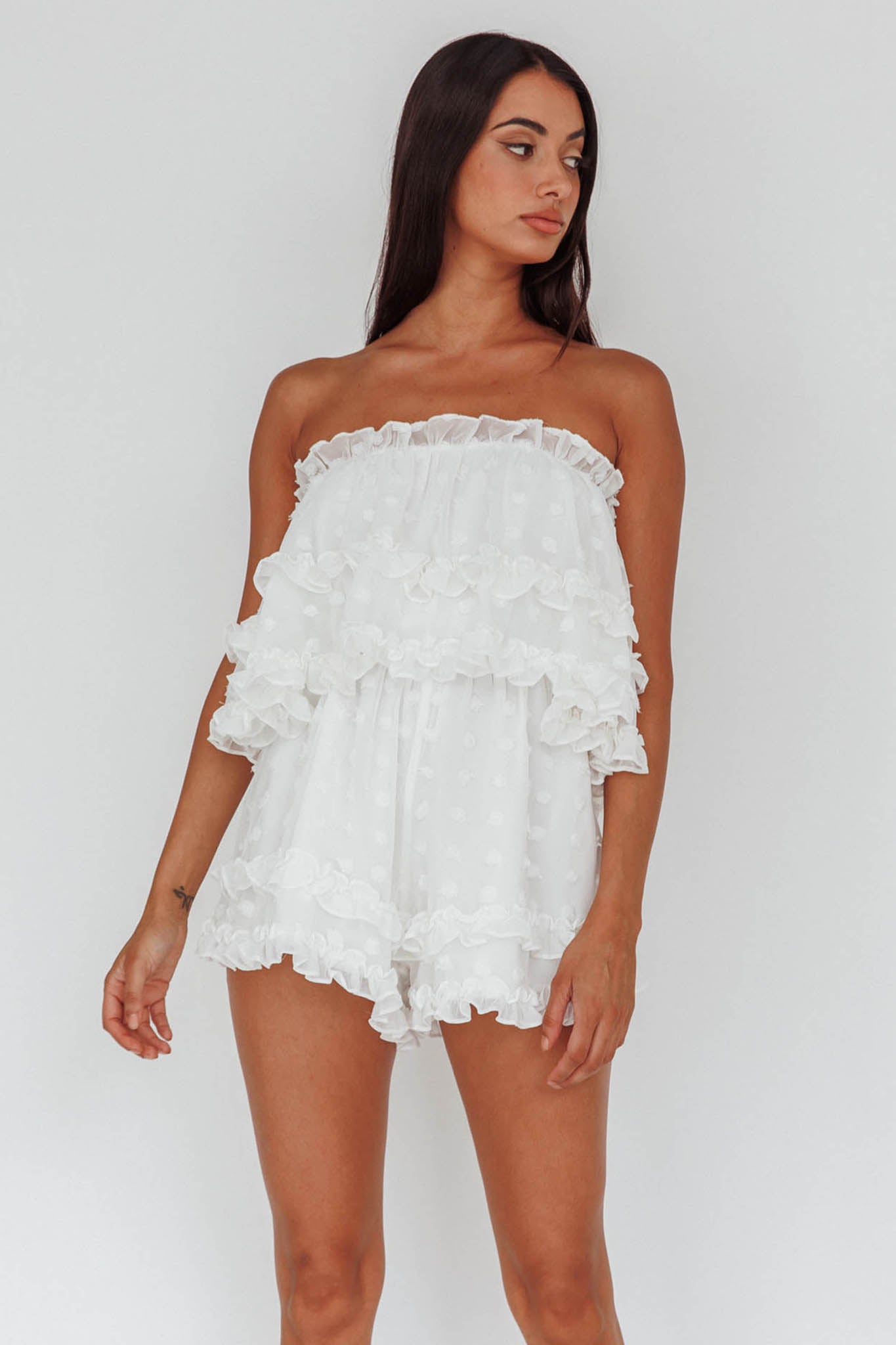 Memories Tiered Bust Frill Trim Romper White by Selfie Leslie