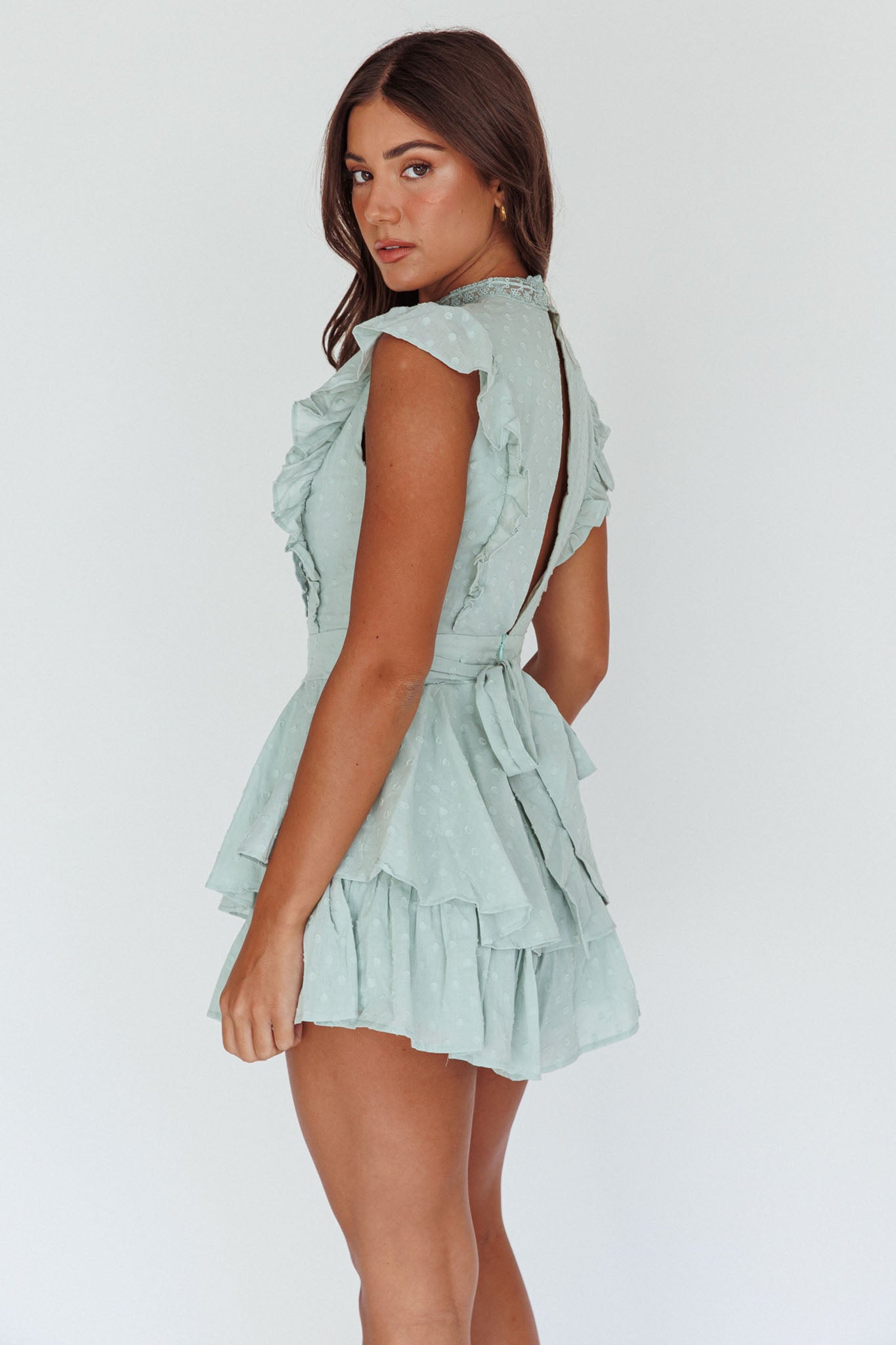Nellie Lace Bust High Neck Romper Sage by Selfie Leslie