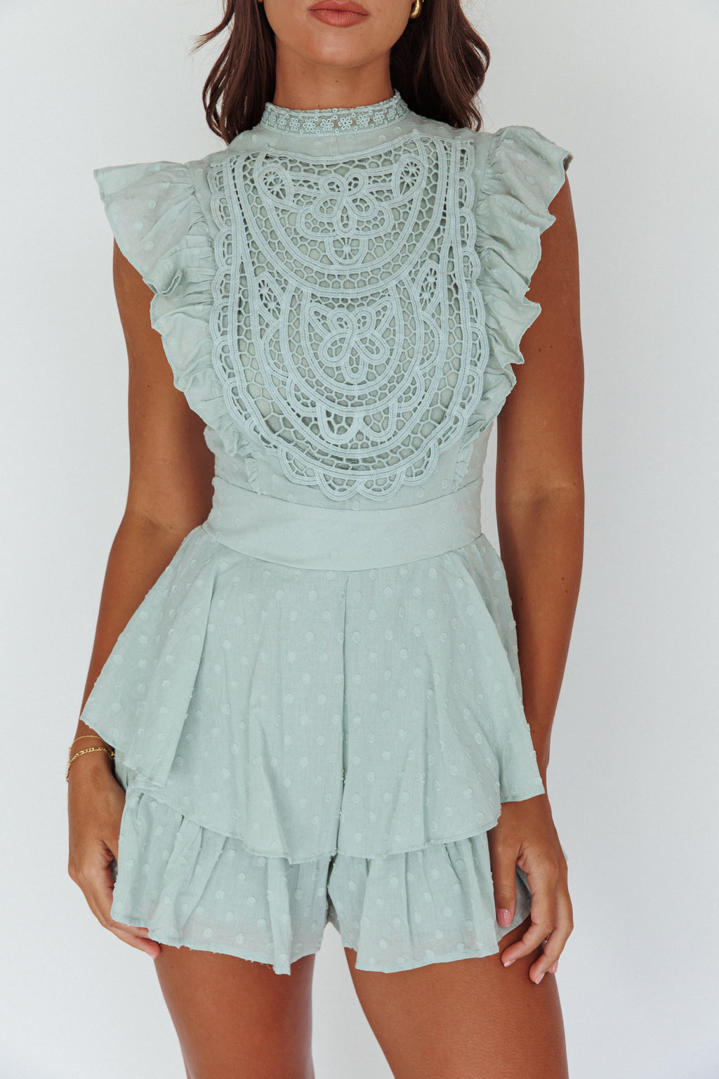 Nellie Lace Bust High Neck Romper Sage by Selfie Leslie