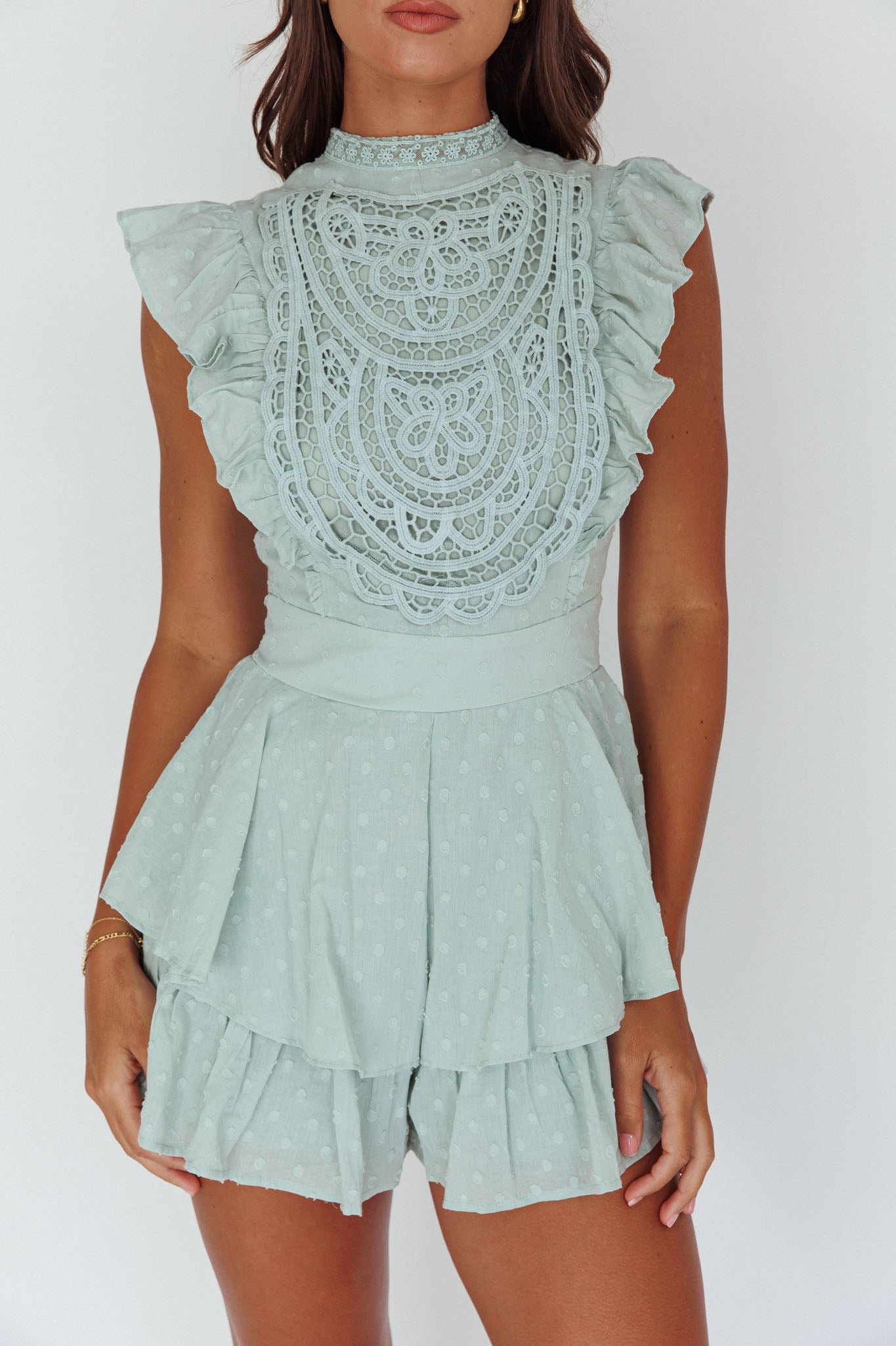 Nellie Lace Bust High Neck Romper Sage by Selfie Leslie