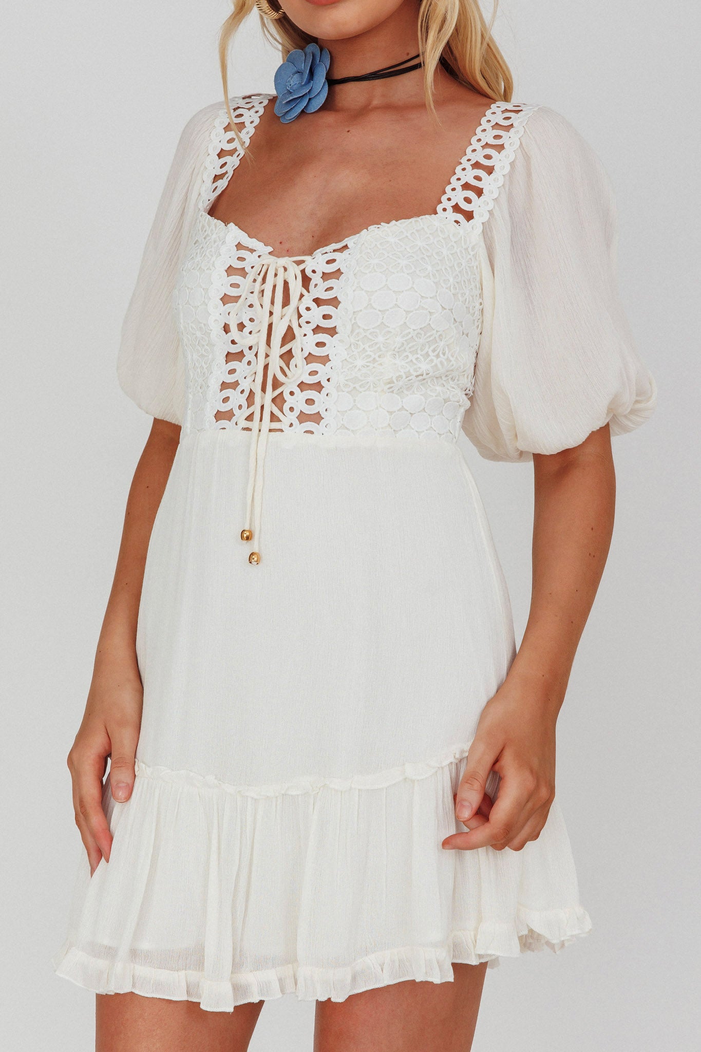 Golden Hour Lace-Up Front Crochet Dress White by Selfie Leslie