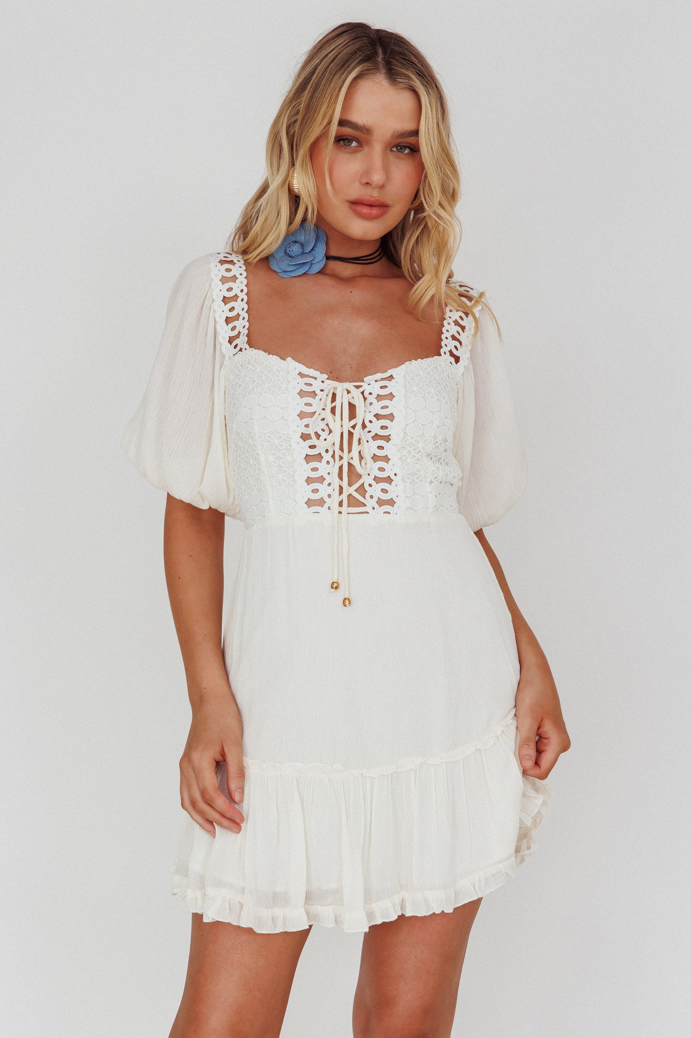 Golden Hour Lace-Up Front Crochet Dress White by Selfie Leslie
