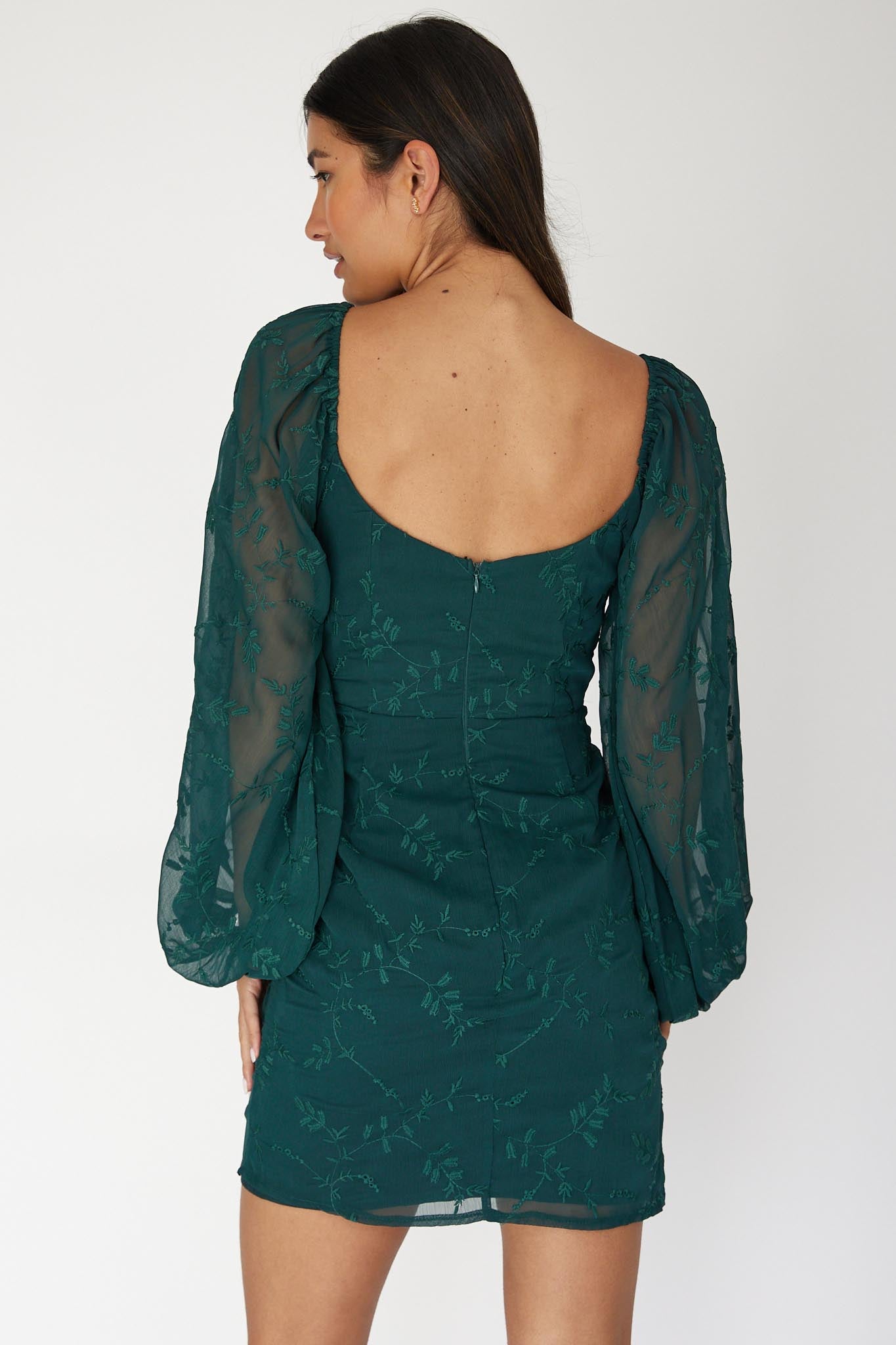 Aphrodite Long Sleeve Embroidered Dress Forest Green XS