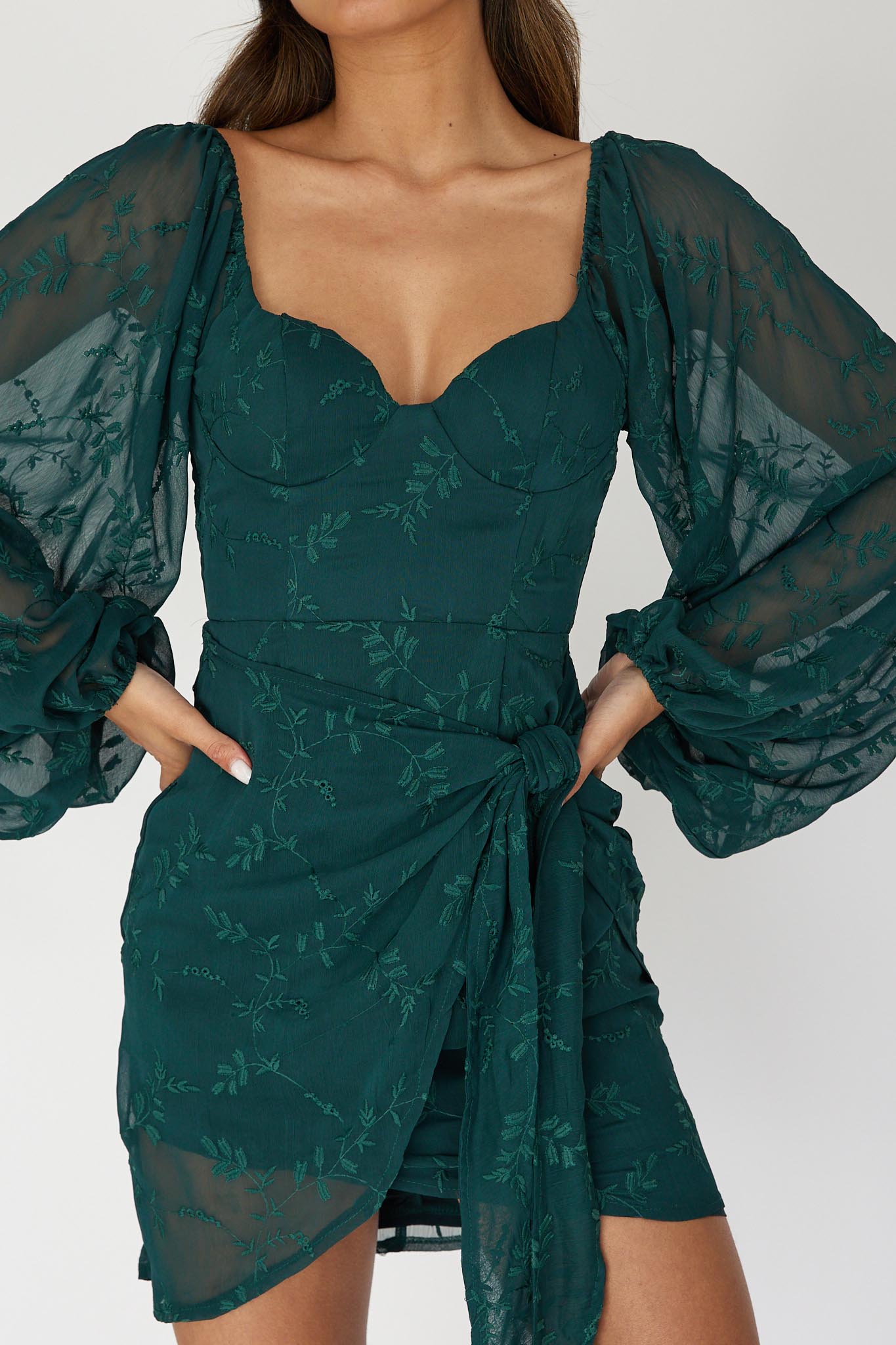 Aphrodite Long Sleeve Embroidered Dress Forest Green by Selfie Leslie