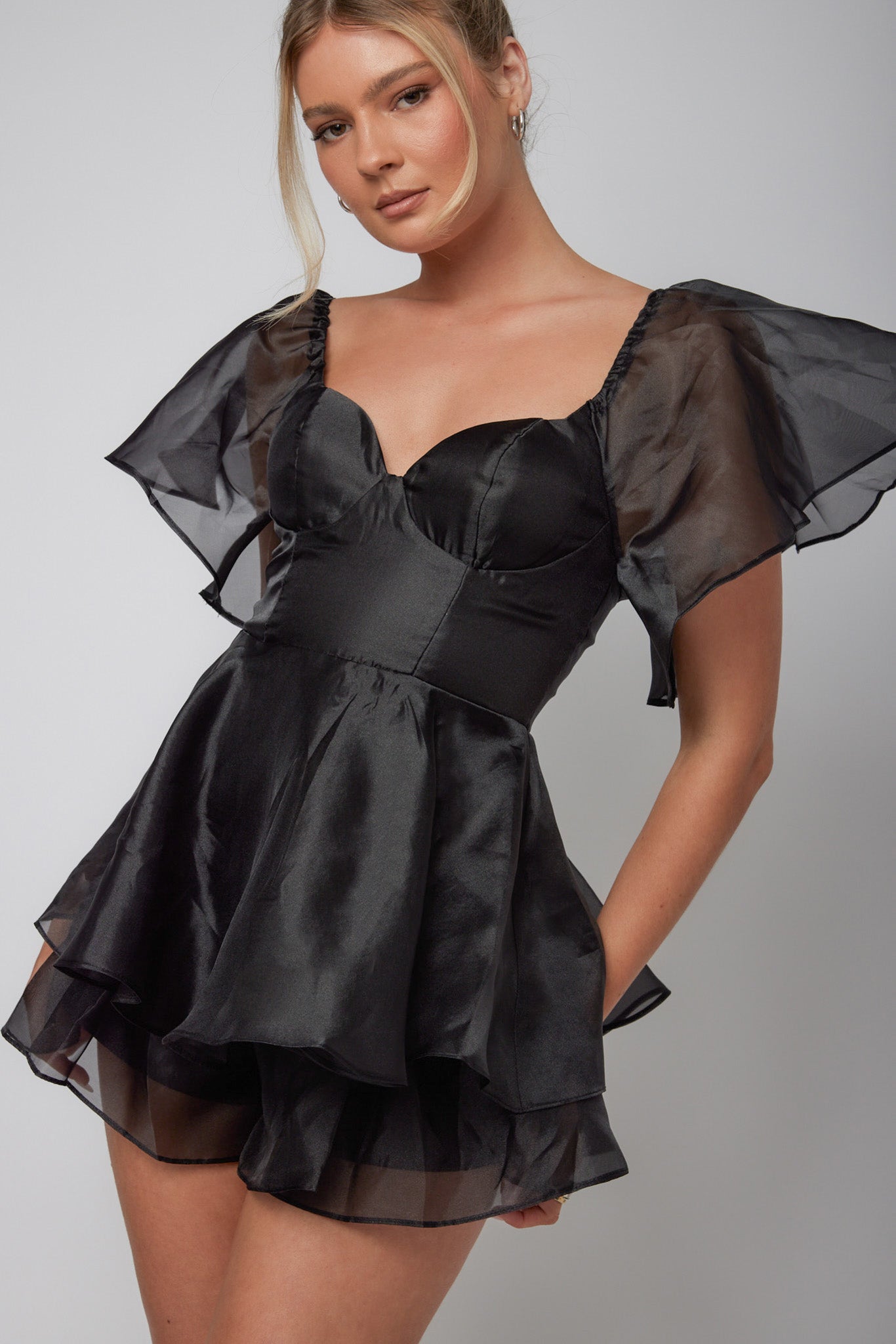 Aphrodite Angel Sleeve Layered Romper Black by Selfie Leslie