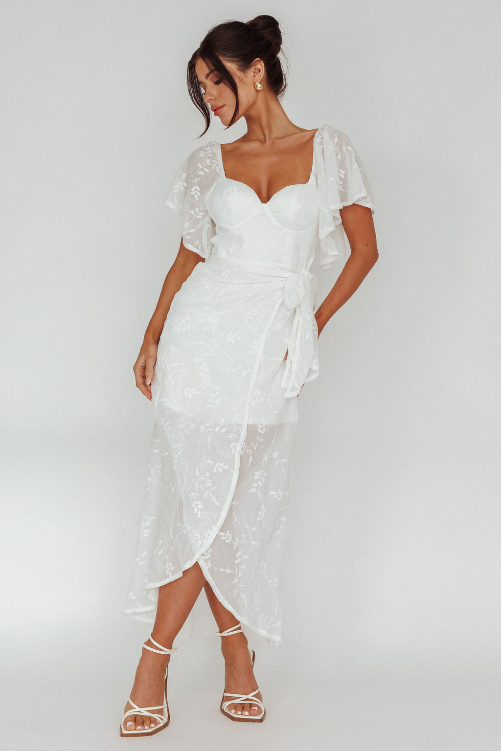 Aphrodite Molded Bust Angel Sleeve Midi Dress Floral White by Selfie Leslie