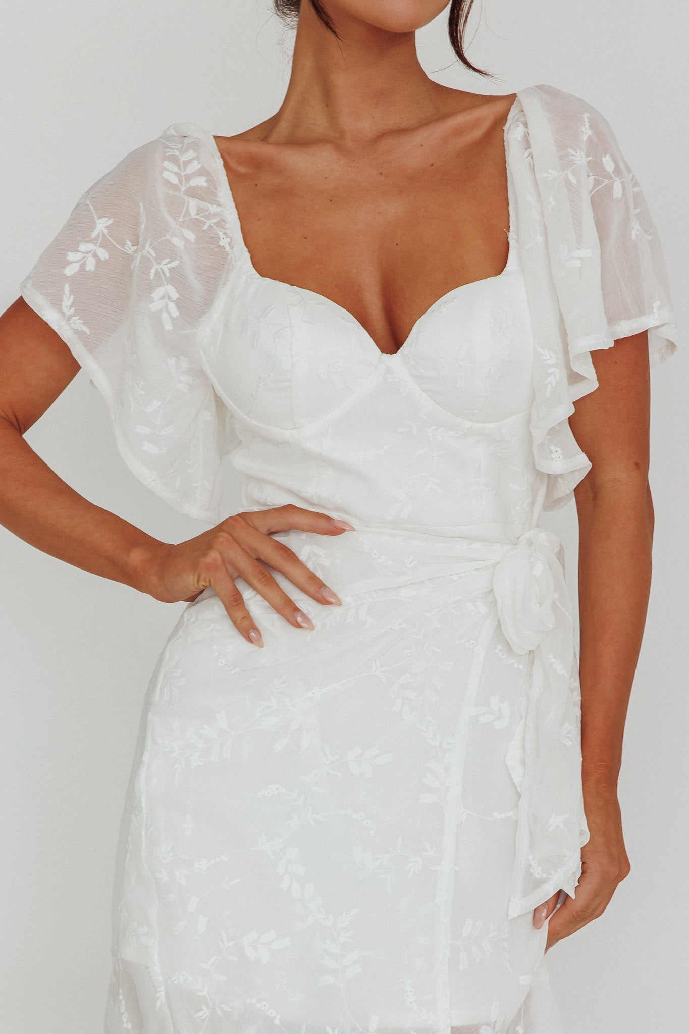 Aphrodite Molded Bust Angel Sleeve Midi Dress Floral White by Selfie Leslie