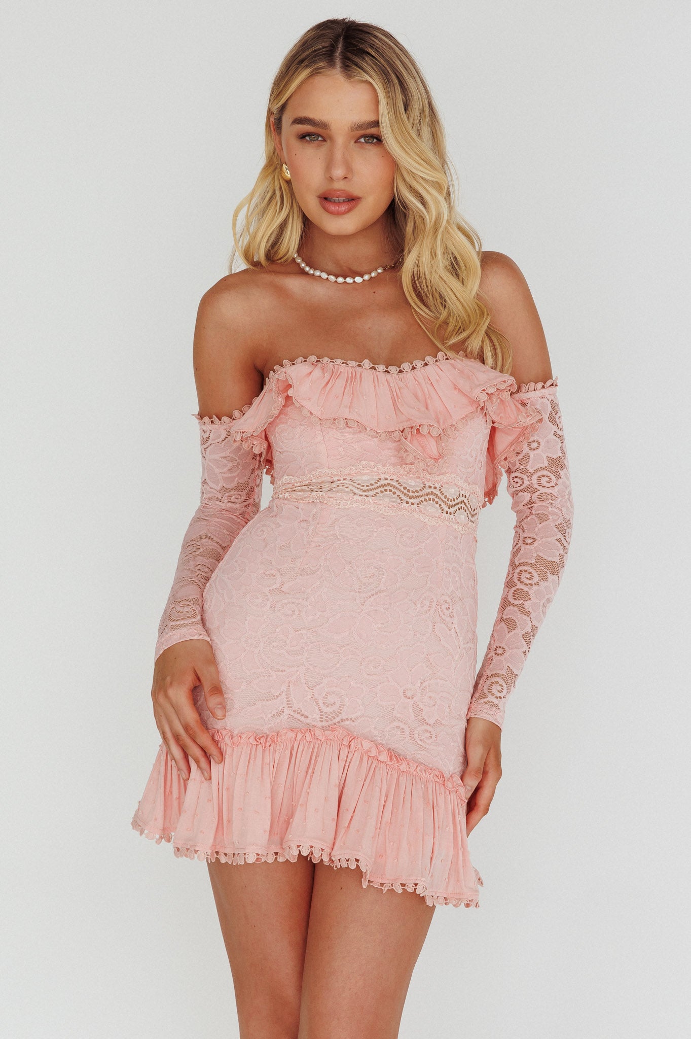Mae Long Sleeve Sweetheart Crochet Lace Dress Blush by Selfie Leslie